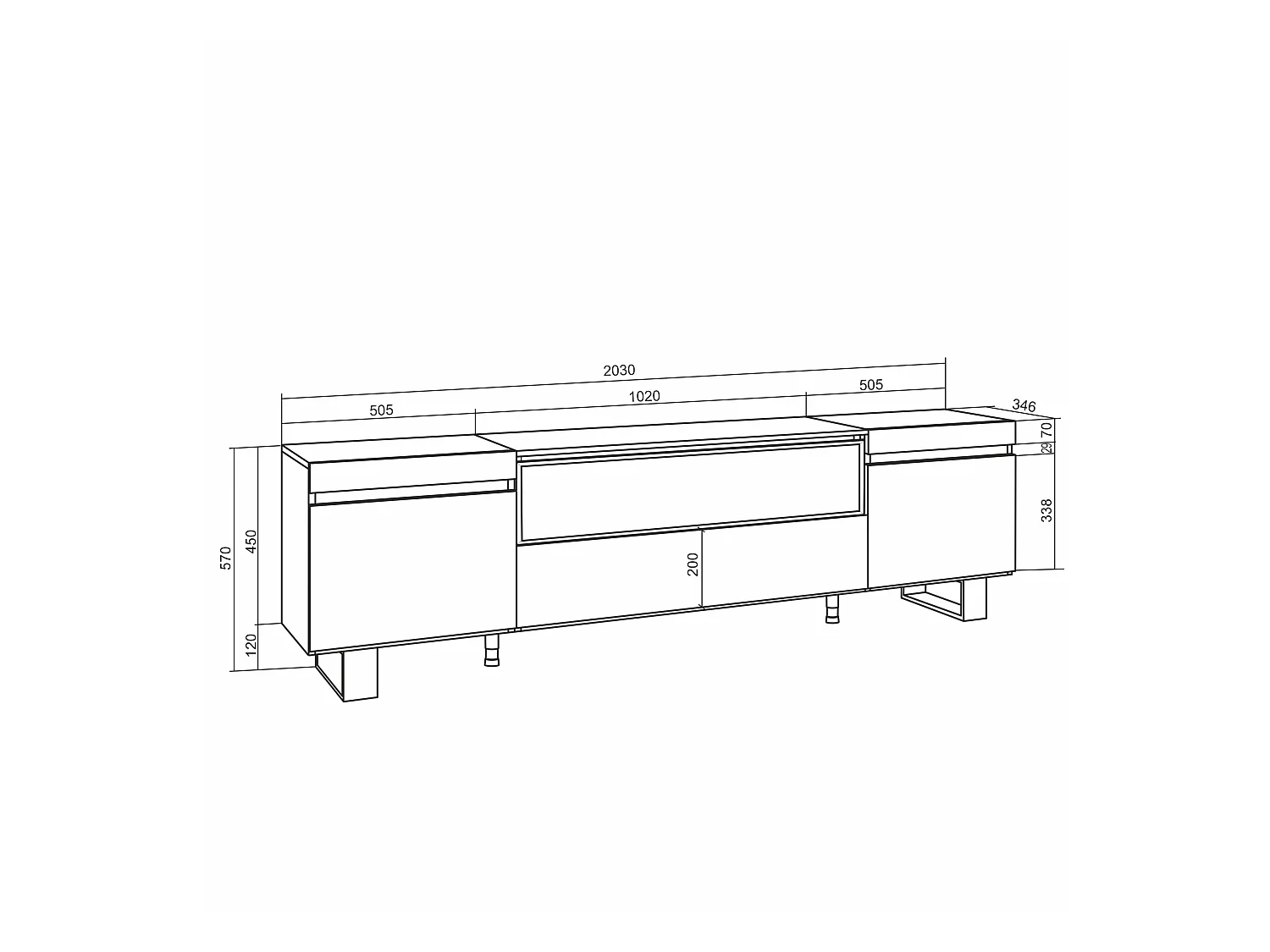 TV-Meubel, Lowboard, 200x35x57cm, Voor tv's tot 80", Industrieel design, Wit en Zwart