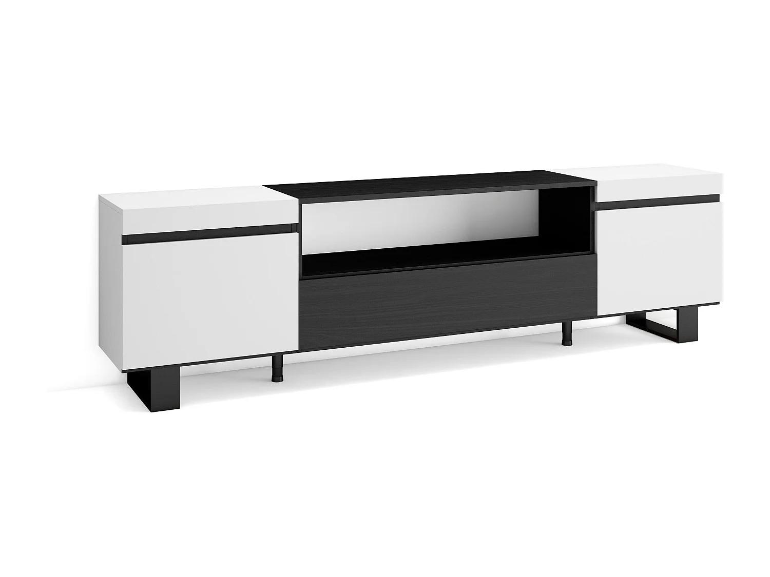 Meuble TV, Banc Télé, 200x35x57cm, Pour les TV jusqu'à 80", Design industriel, Blanc et noir