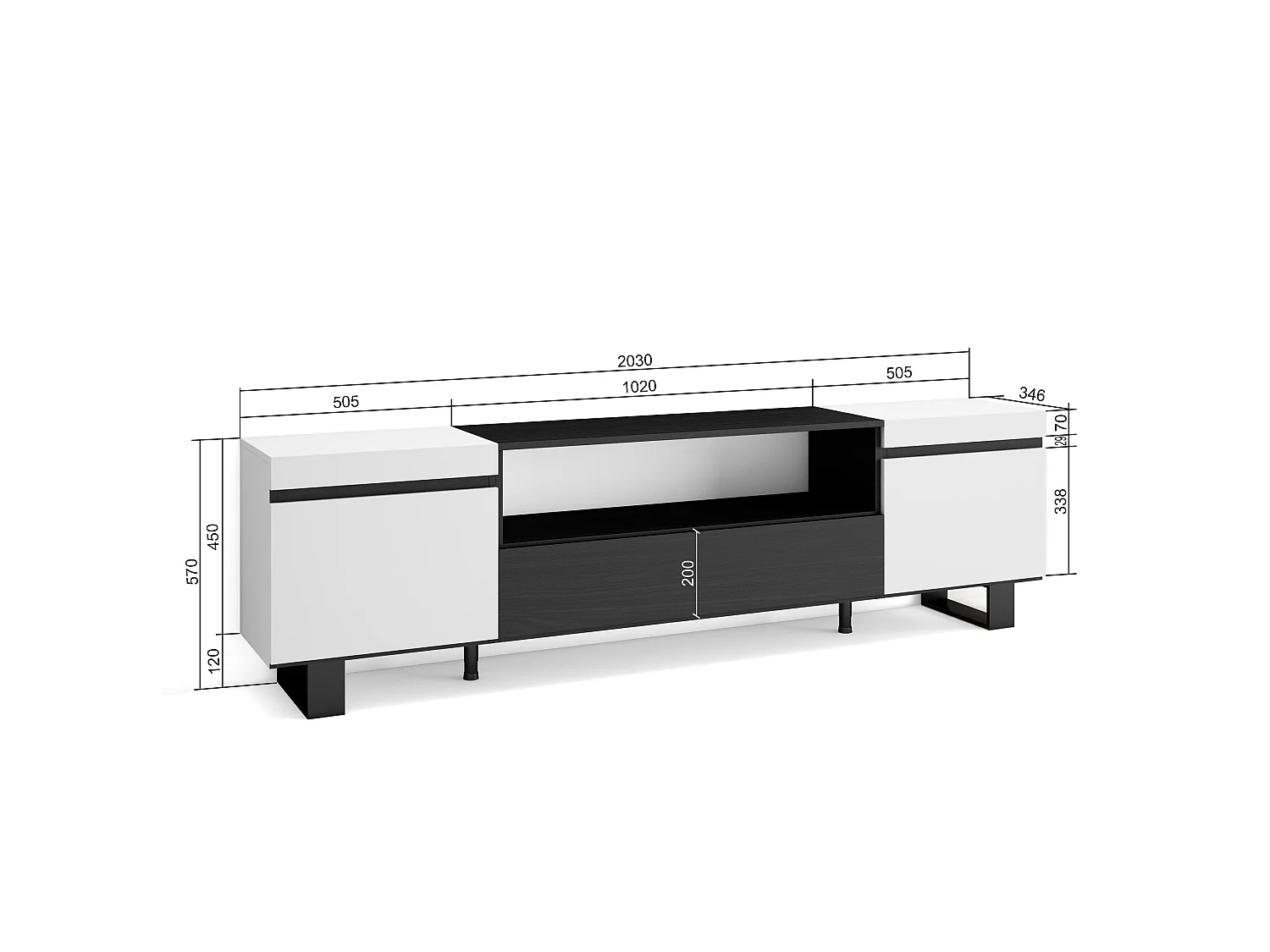 Mueble TV, Televisión, 200x35x57cm, Para TV hasta 80", Diseño industrial, Blanco y negro