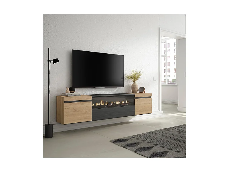 TV-Schrank, Lowboard, 200x35x45cm, Für TV-Geräte bis zu 80", Elektrokamin, Hängend, Eiche Schwarz