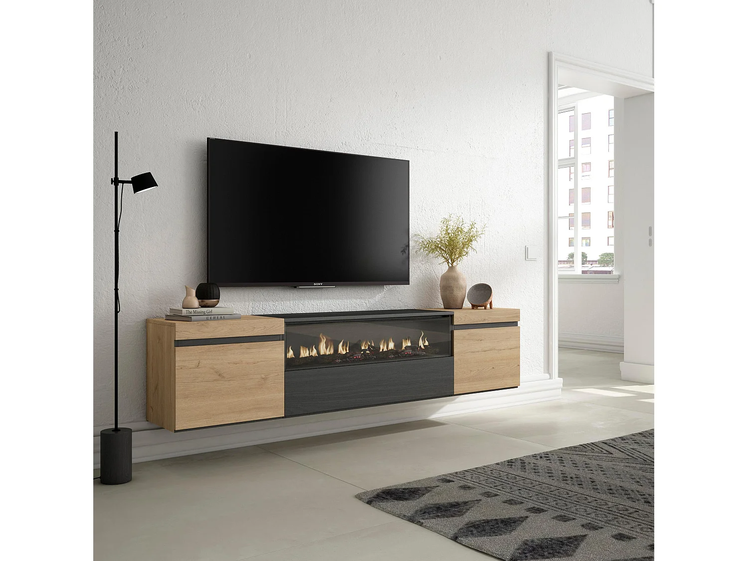 TV-Schrank, Lowboard, 200x35x45cm, Für TV-Geräte bis zu 80", Elektrokamin, Hängend, Eiche Schwarz