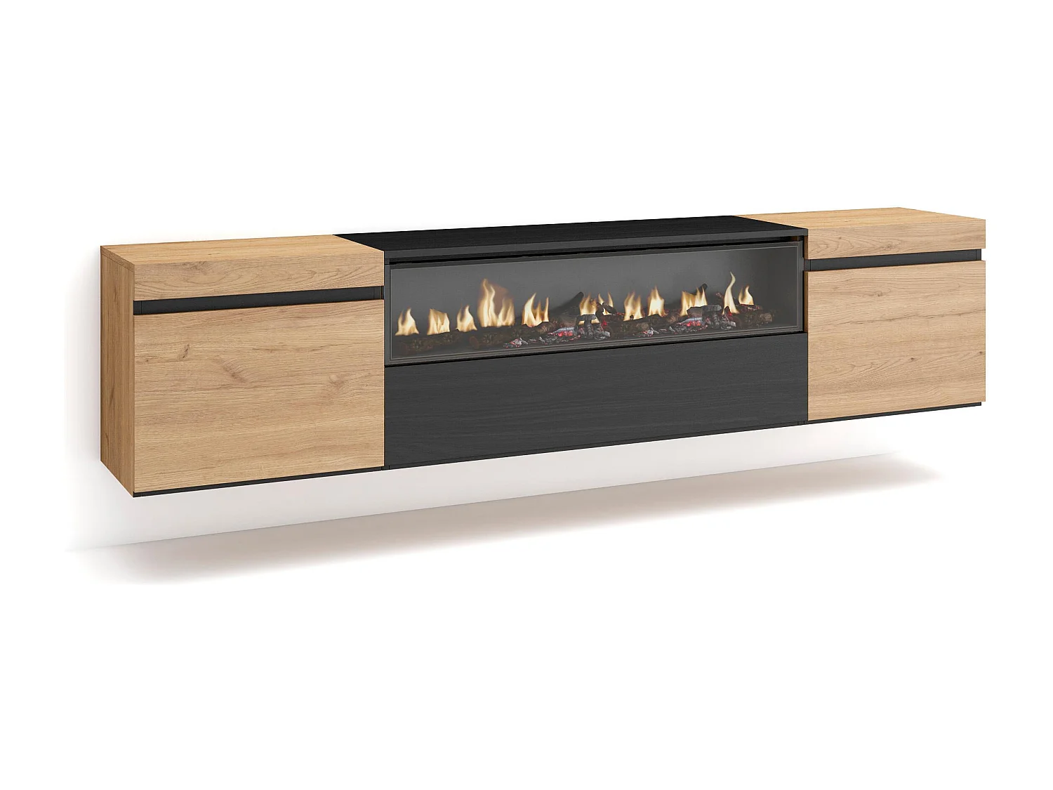 TV-Schrank, Lowboard, 200x35x45cm, Für TV-Geräte bis zu 80", Elektrokamin, Hängend, Eiche Schwarz