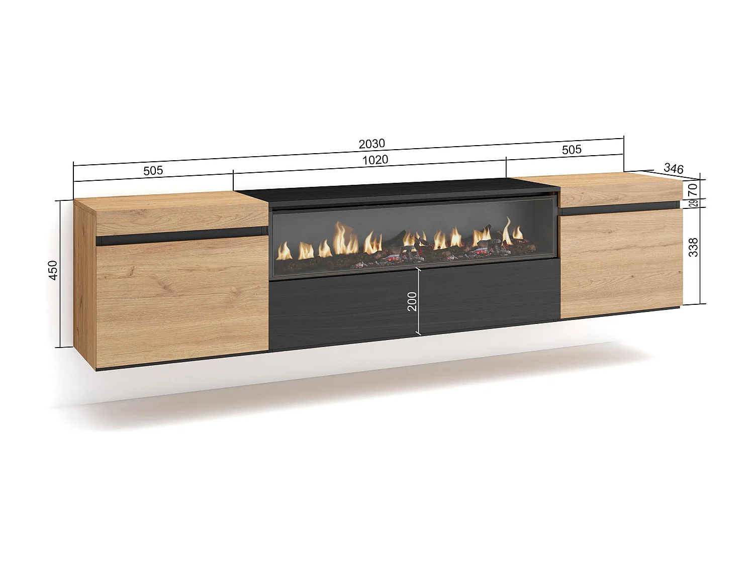 TV-Schrank, Lowboard, 200x35x45cm, Für TV-Geräte bis zu 80", Elektrokamin, Hängend, Eiche Schwarz