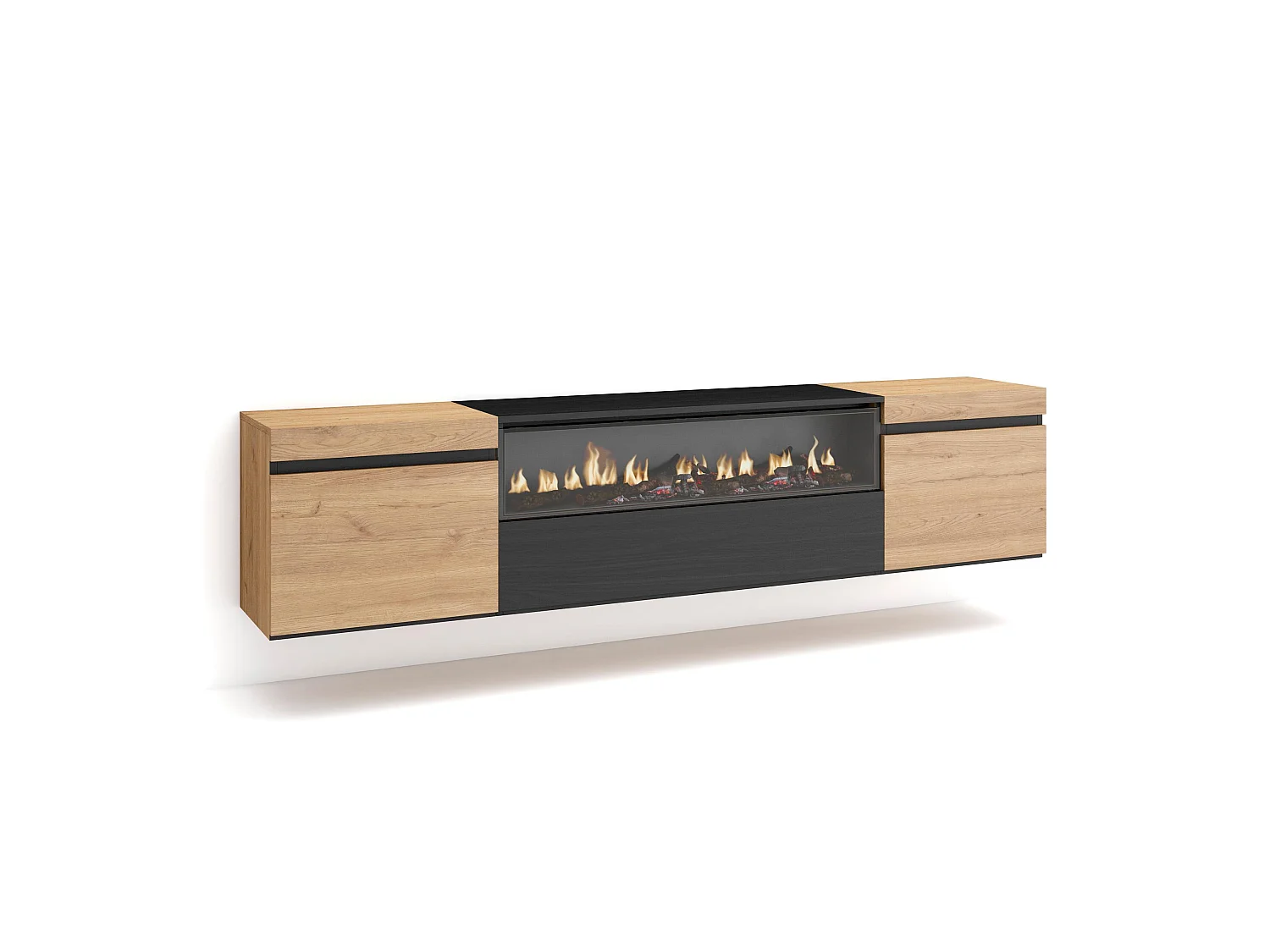 Meuble TV, Banc Télé, 200x35x45cm, Pour les TV jusqu'à 80", Cheminée électrique, Suspendu, Mural, Chêne et noir