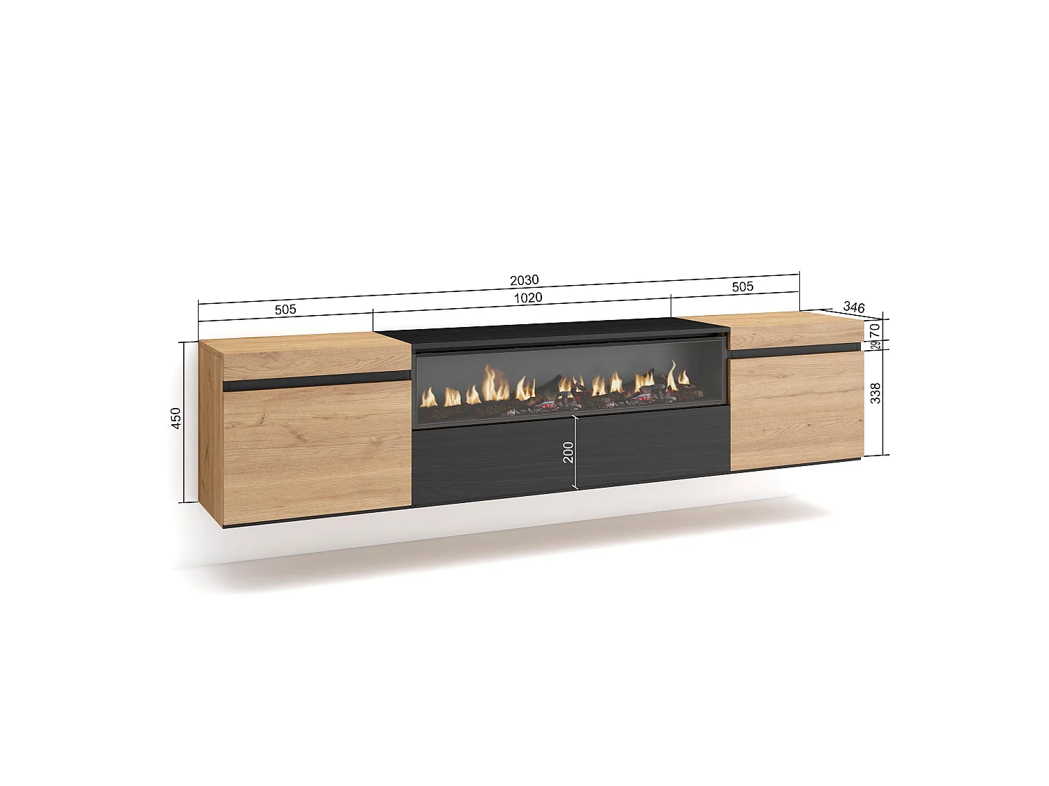 Meuble TV, Banc Télé, 200x35x45cm, Pour les TV jusqu'à 80", Cheminée électrique, Suspendu, Mural, Chêne et noir