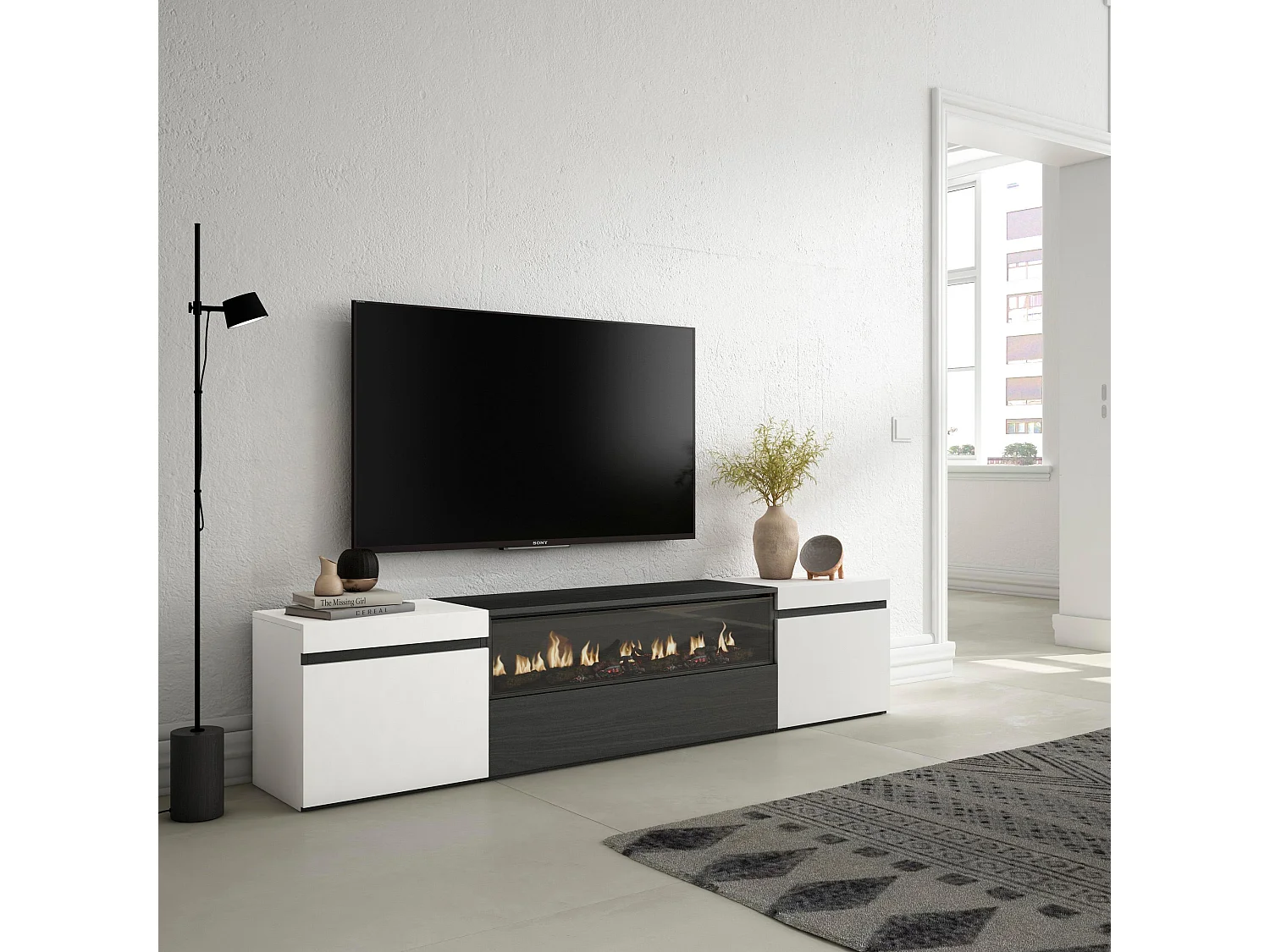 TV-Schrank, Lowboard, 200x35x45cm, Für TV-Geräte bis zu 80", Elektrokamin, Weiß und Schwarz