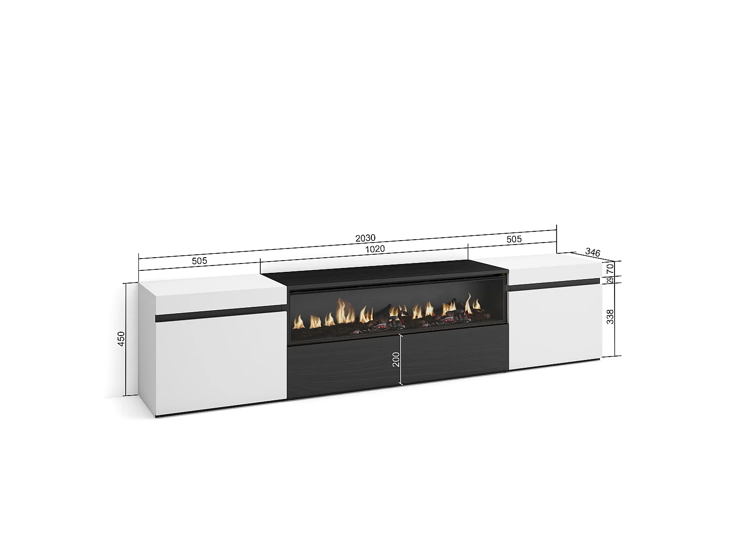 TV-Schrank, Lowboard, 200x35x45cm, Für TV-Geräte bis zu 80", Elektrokamin, Weiß und Schwarz