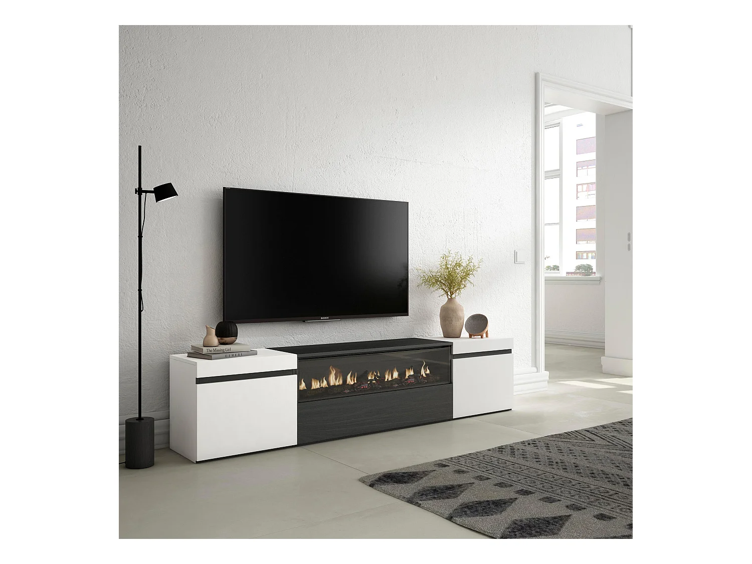Meuble TV, Banc Télé, 200x35x45cm, Pour les TV jusqu'à 80", Cheminée électrique, Blanc et noir