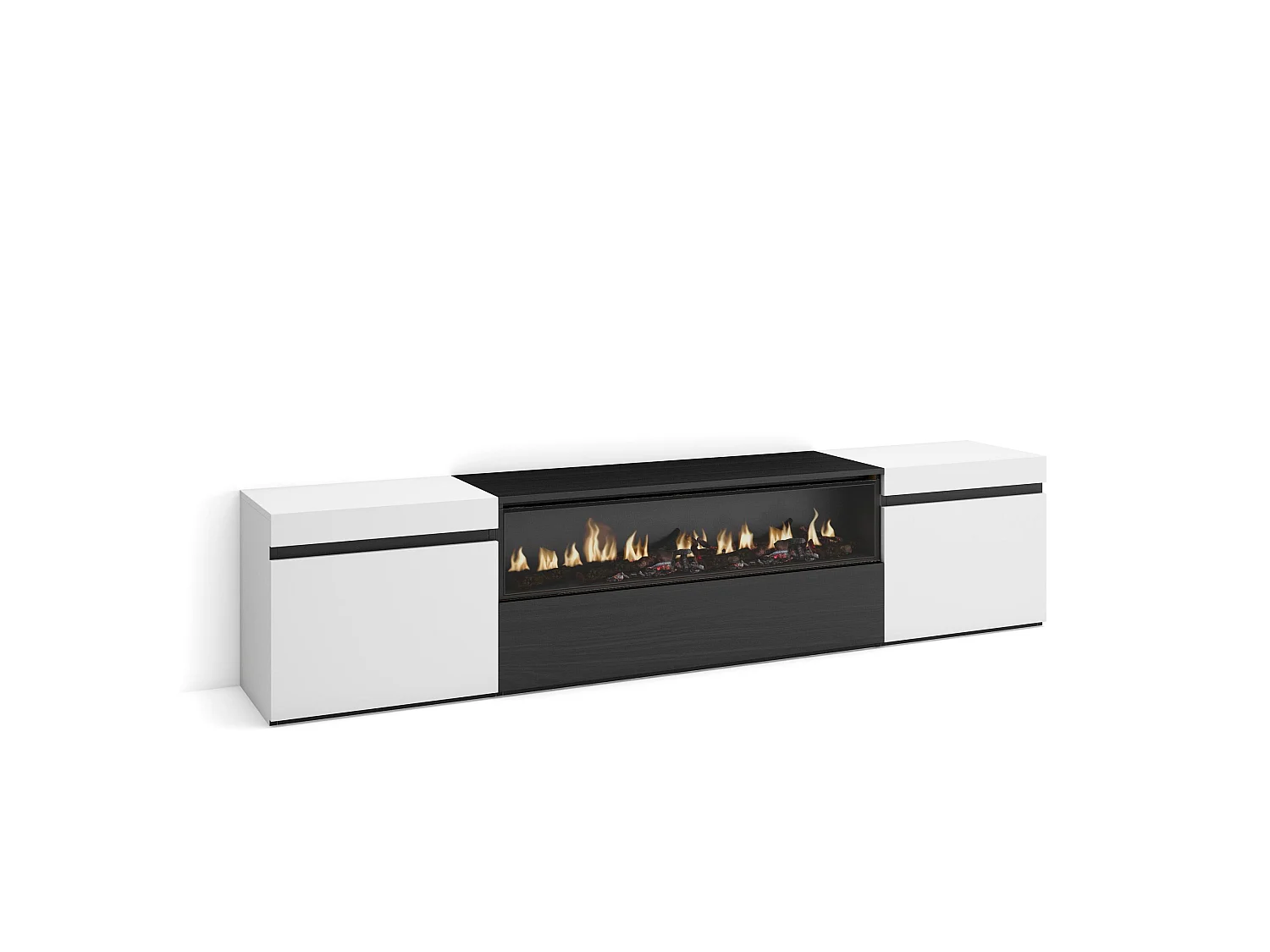 Meuble TV, Banc Télé, 200x35x45cm, Pour les TV jusqu'à 80", Cheminée électrique, Blanc et noir