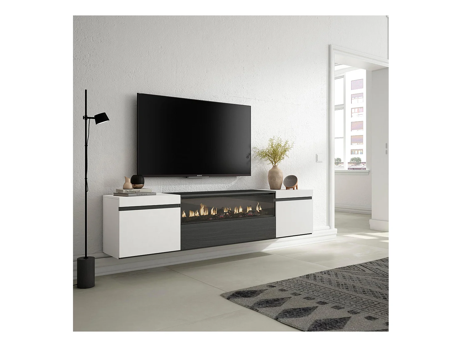 Meuble TV, Banc Télé, 200x35x45cm, Pour les TV jusqu'à 80", Cheminée électrique, Suspendu, Mural, Blanc et noir