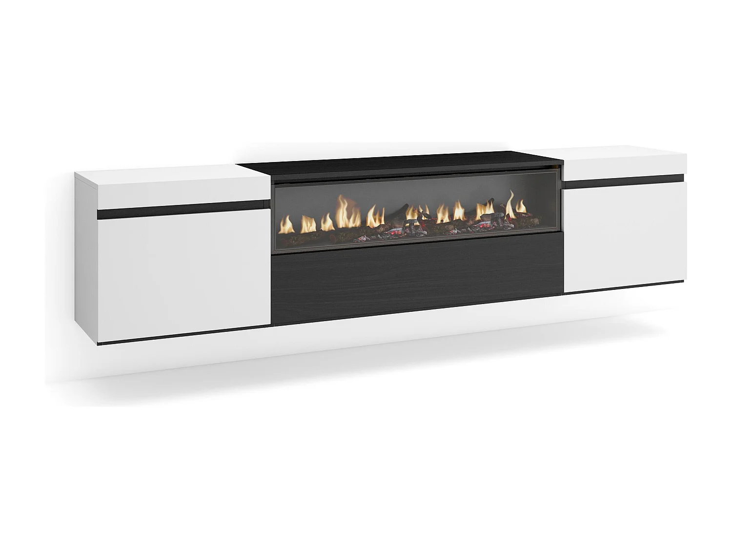 Mueble TV, Televisión, 200x35x45cm, Para TV hasta 80", Chimenea eléctrica, Colgado, Suspendido, Blanco y negro