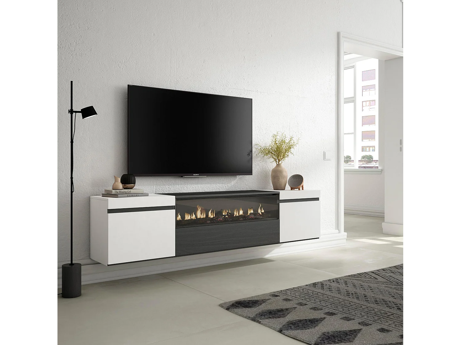 Mueble TV, Televisión, 200x35x45cm, Para TV hasta 80", Chimenea eléctrica, Colgado, Suspendido, Blanco y negro