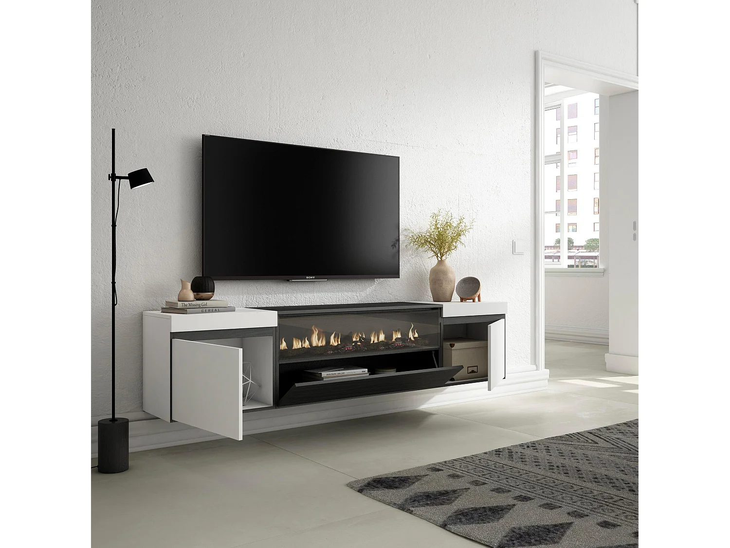 Mueble TV, Televisión, 200x35x45cm, Para TV hasta 80", Chimenea eléctrica, Colgado, Suspendido, Blanco y negro