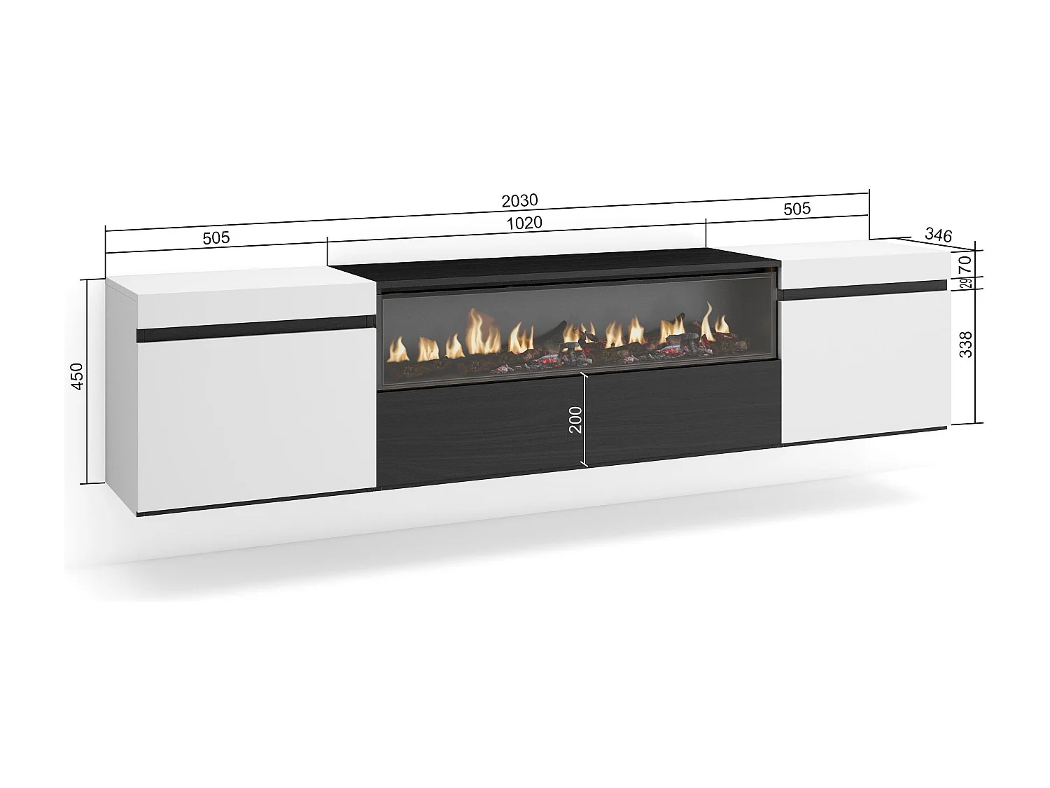 Mueble TV, Televisión, 200x35x45cm, Para TV hasta 80", Chimenea eléctrica, Colgado, Suspendido, Blanco y negro