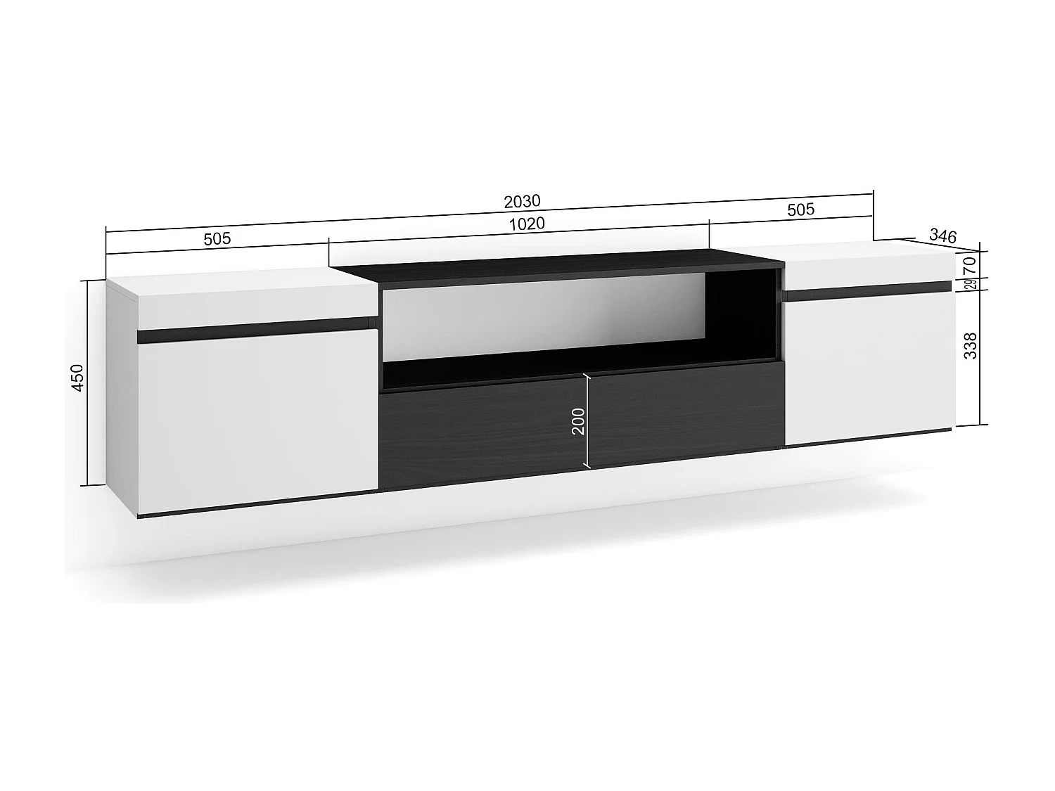 TV-Schrank, Lowboard, 200x35x45cm, Für TV-Geräte bis zu 80", Hängend, Weiß und Schwarz