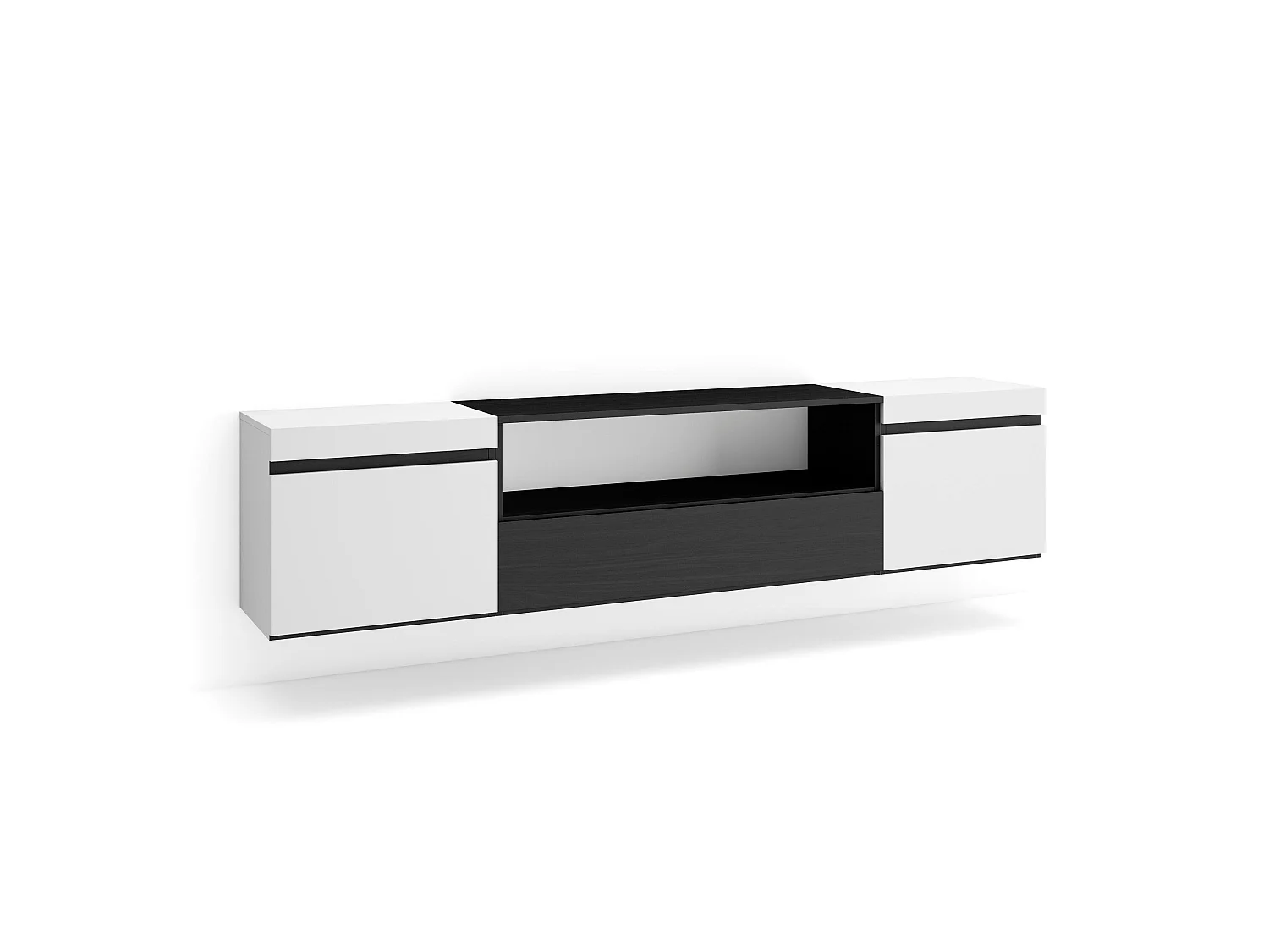 Mueble TV, Televisión, 200x35x45cm, Para TV hasta 80", Colgado, Suspendido, Blanco y negro