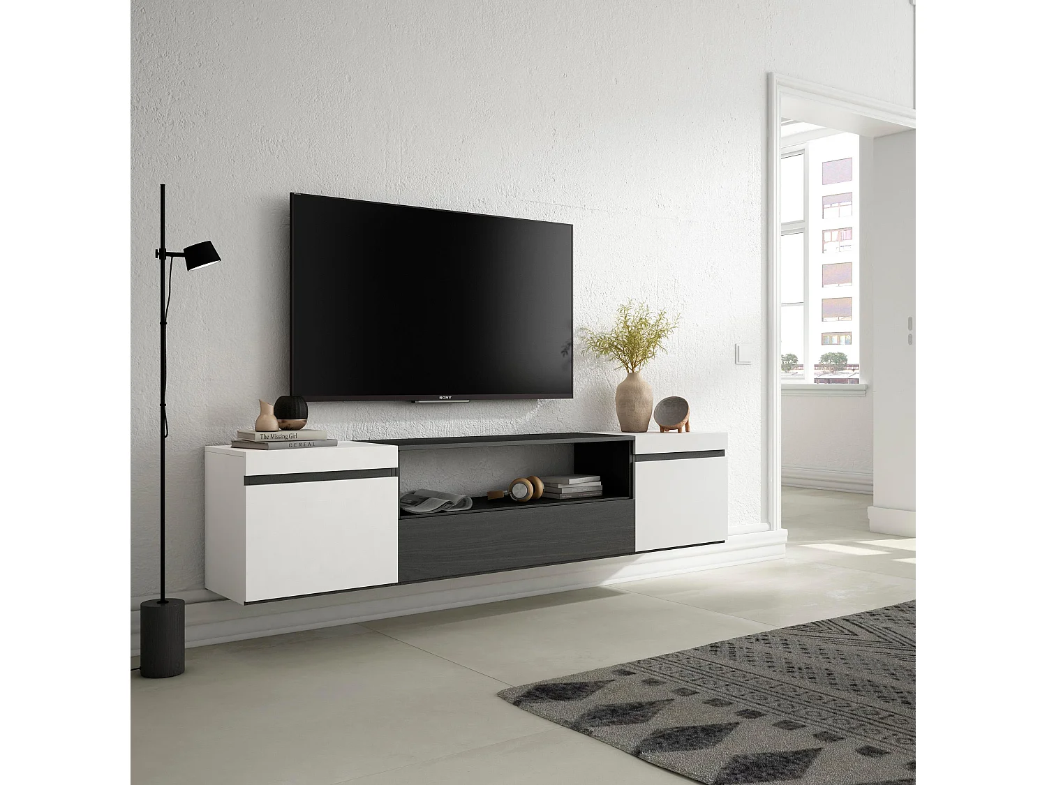 Mueble TV, Televisión, 200x35x45cm, Para TV hasta 80", Colgado, Suspendido, Blanco y negro