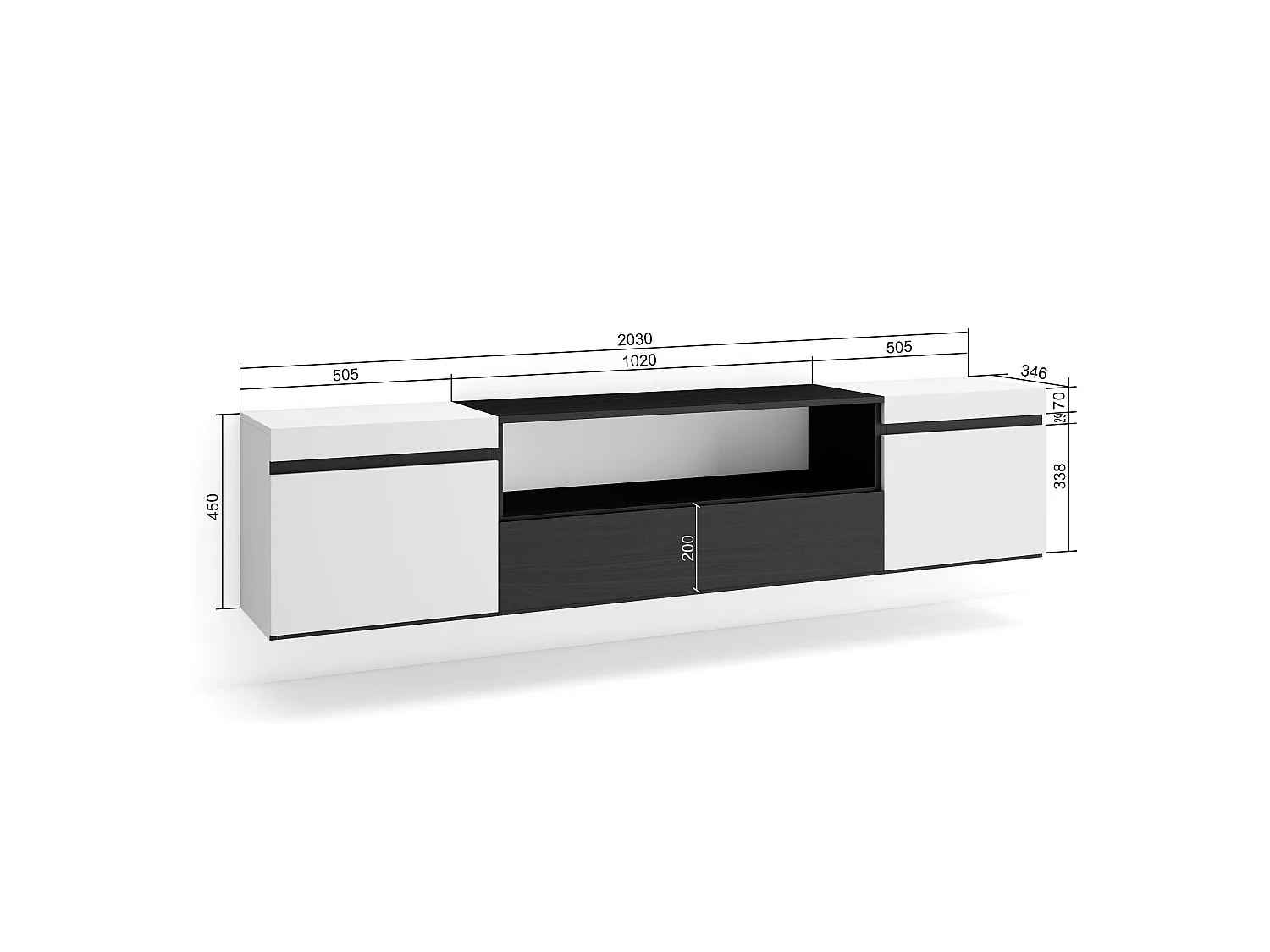 Mueble TV, Televisión, 200x35x45cm, Para TV hasta 80", Colgado, Suspendido, Blanco y negro