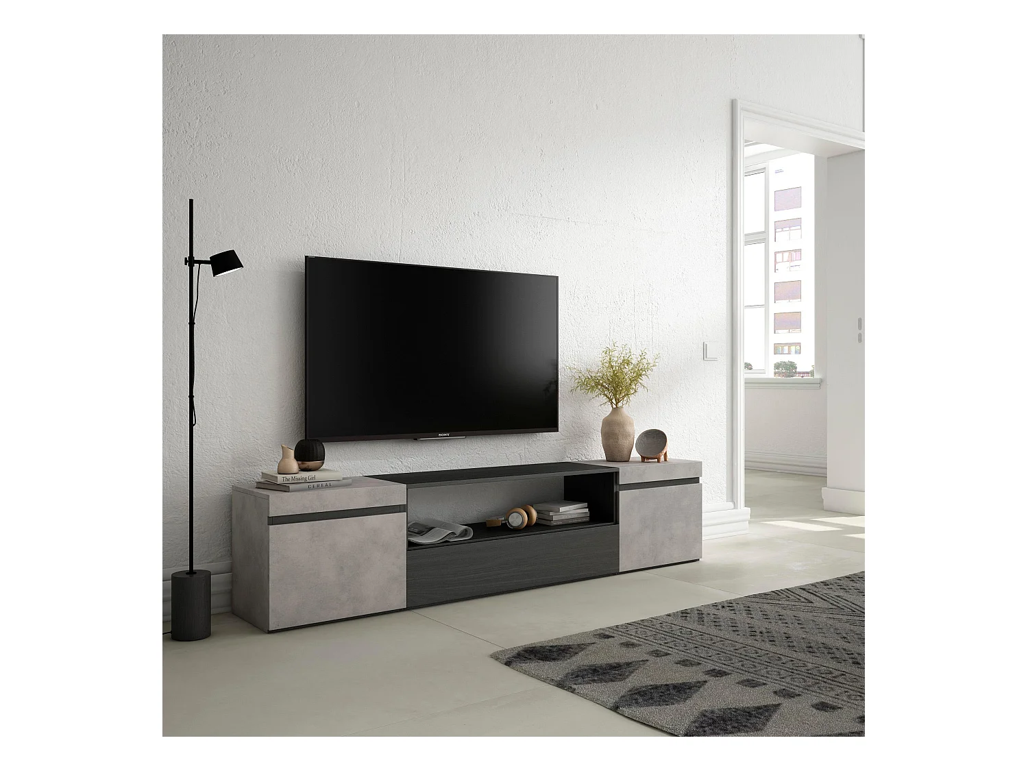 Meuble TV, Banc Télé, 200x35x45cm, Pour les TV jusqu'à 80", Meubles de salon, Ciment
