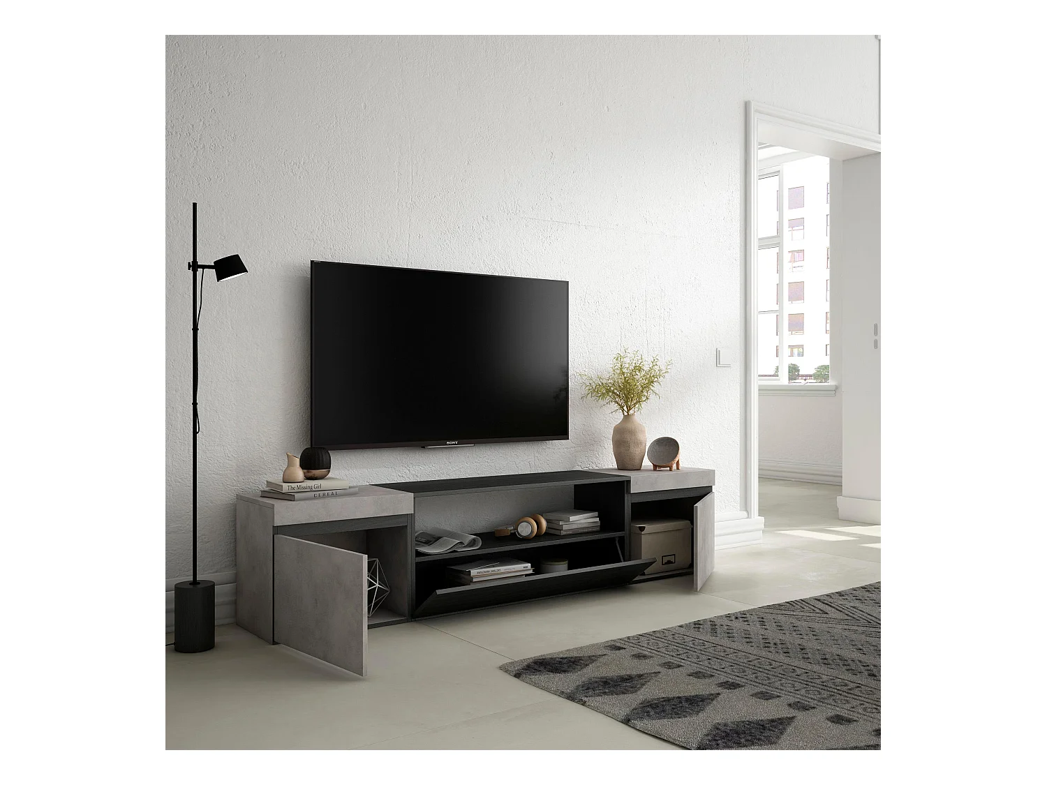 Meuble TV, Banc Télé, 200x35x45cm, Pour les TV jusqu'à 80", Meubles de salon, Ciment