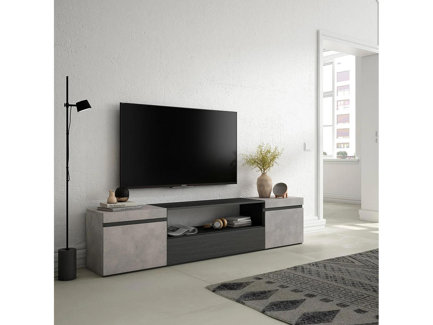 TV-Meubel, Lowboard, 200x35x45cm, Voor tv's tot 80", TV-Tafel, Cement
