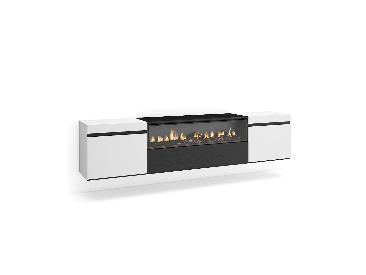 Mueble TV, Televisión, 200x35x45cm, Para TV hasta 80", Chimenea eléctrica, Colgado, Suspendido, Blanco y negro