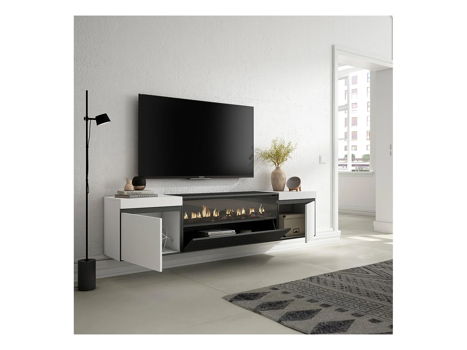 Meuble TV, Banc Télé, 200x35x45cm, Pour les TV jusqu'à 80", Cheminée électrique, Suspendu, Mural, Blanc et noir