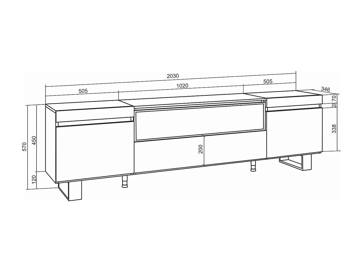TV-Schrank, Lowboard, 200x35x57cm, Für TV-Geräte bis zu 80", Elektrokamin, Industriedesign, Weiß und Schwarz
