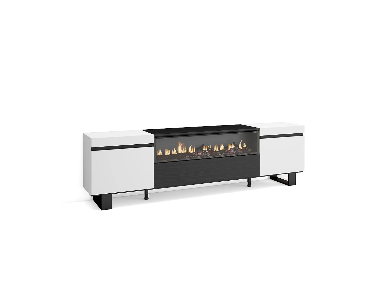 Meuble TV, Banc Télé, 200x35x57cm, Pour les TV jusqu'à 80", Cheminée électrique, Design industriel, Blanc et noir