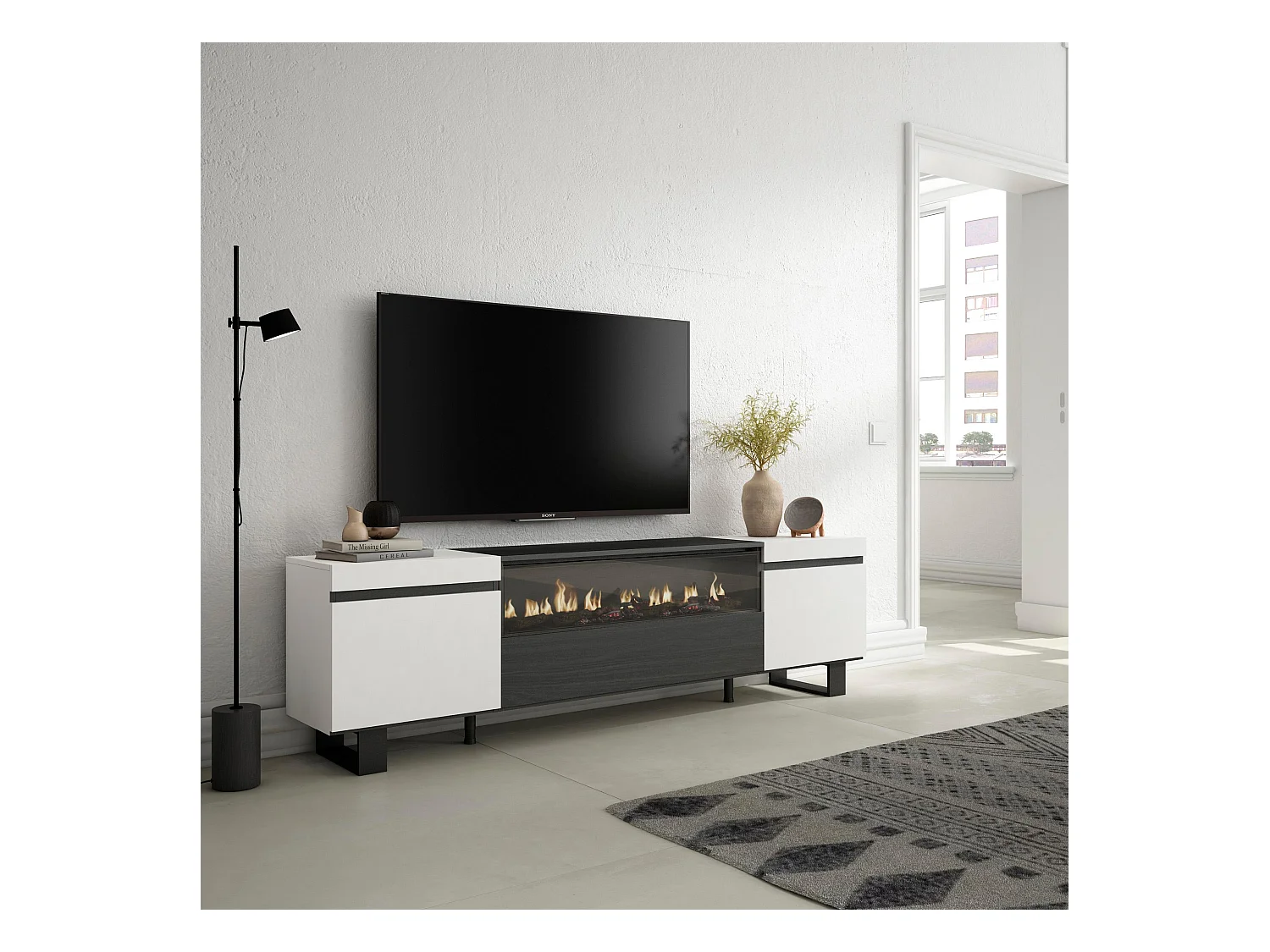 TV-Meubel, Lowboard, 200x35x57cm, Voor tv's tot 80", Elektrische haard, Industrieel design, Wit en Zwart