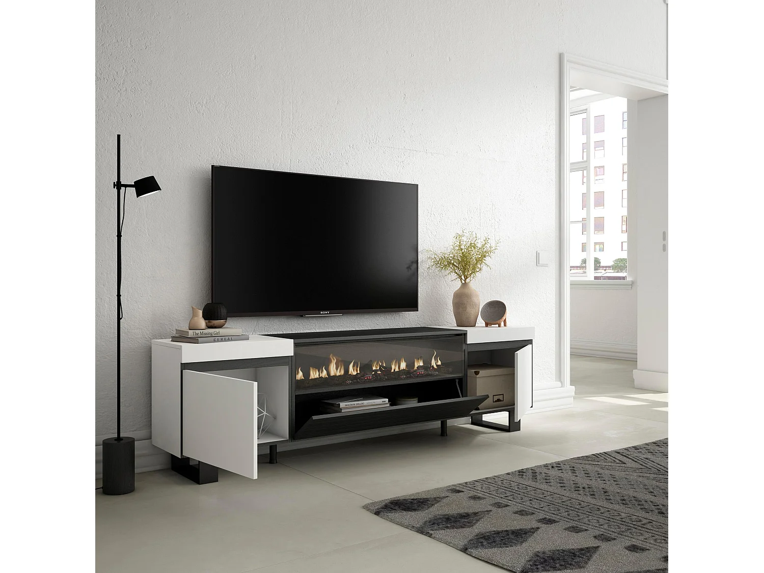 TV-Meubel, Lowboard, 200x35x57cm, Voor tv's tot 80", Elektrische haard, Industrieel design, Wit en Zwart