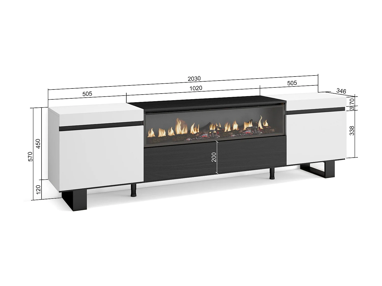 TV-Meubel, Lowboard, 200x35x57cm, Voor tv's tot 80", Elektrische haard, Industrieel design, Wit en Zwart