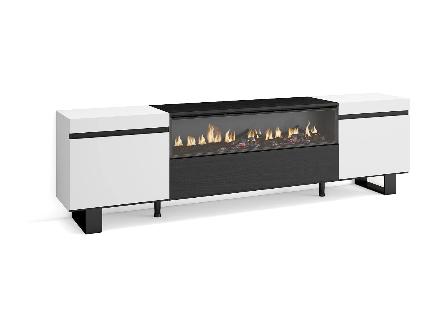 Meuble TV, Banc Télé, 200x35x57cm, Pour les TV jusqu'à 80", Cheminée électrique, Design industriel, Blanc et noir