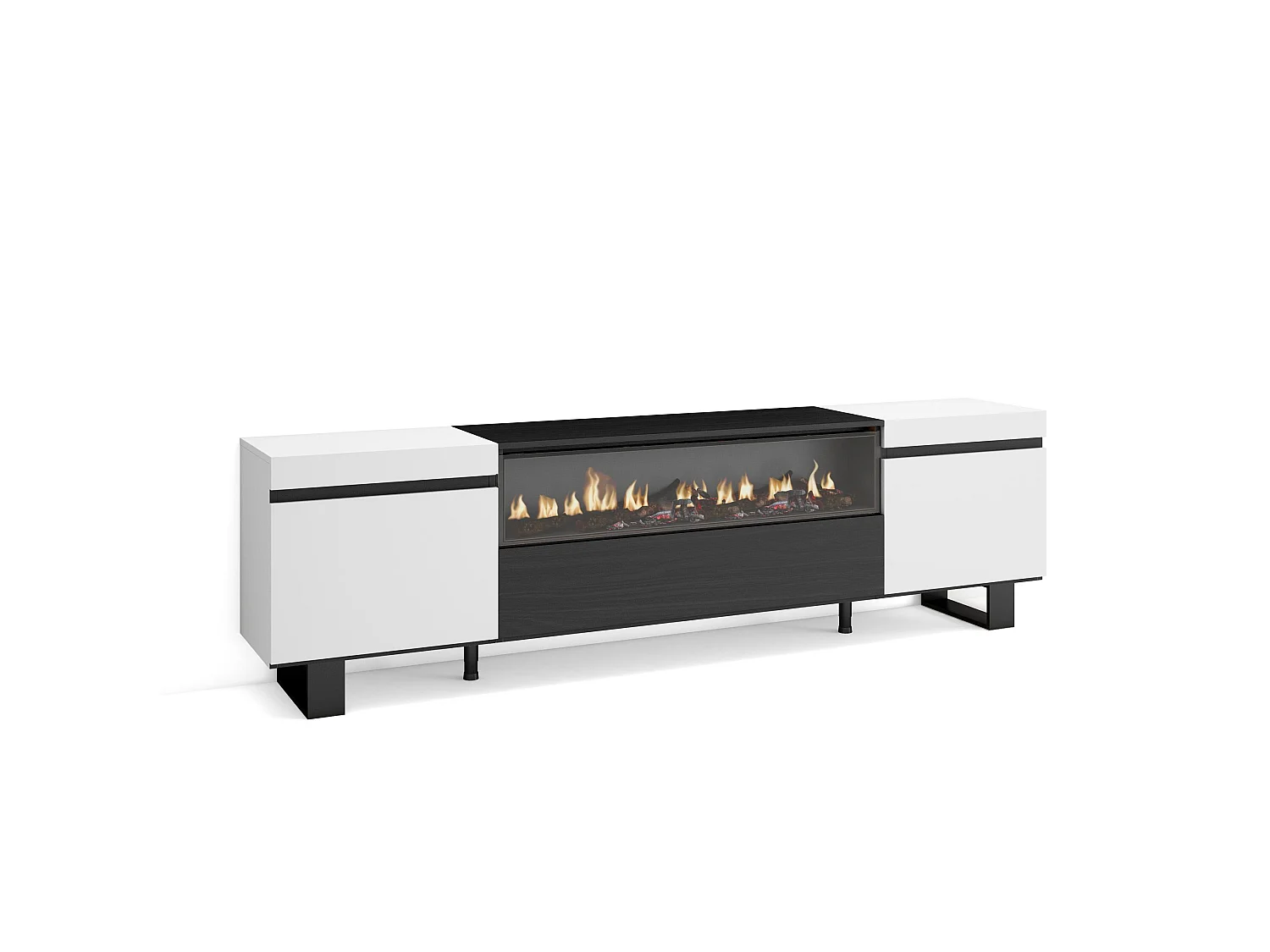 Mueble TV, Televisión, 200x35x57cm, Para TV hasta 80", Chimenea eléctrica, Diseño industrial, Blanco y negro