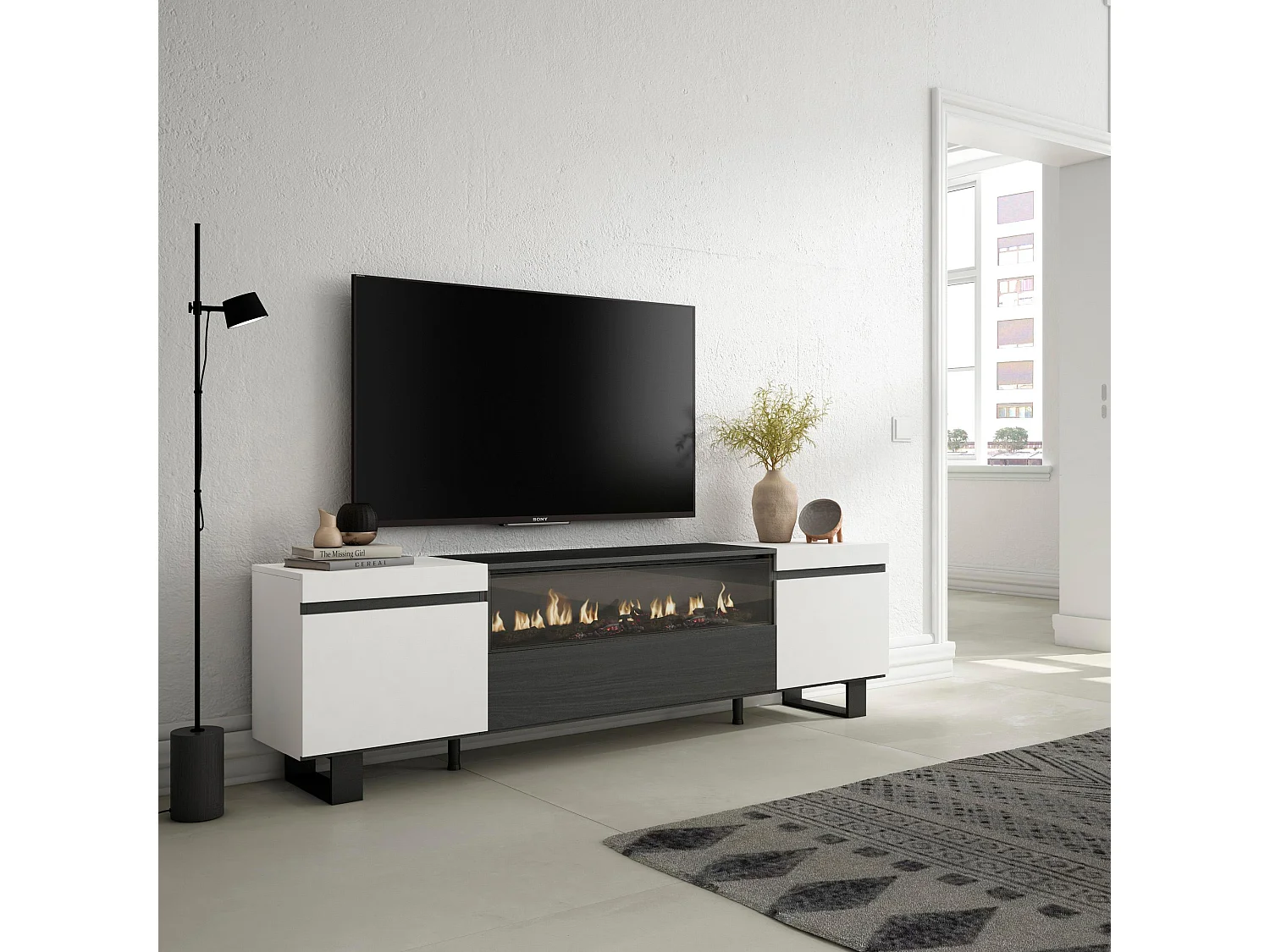 Mueble TV, Televisión, 200x35x57cm, Para TV hasta 80", Chimenea eléctrica, Diseño industrial, Blanco y negro