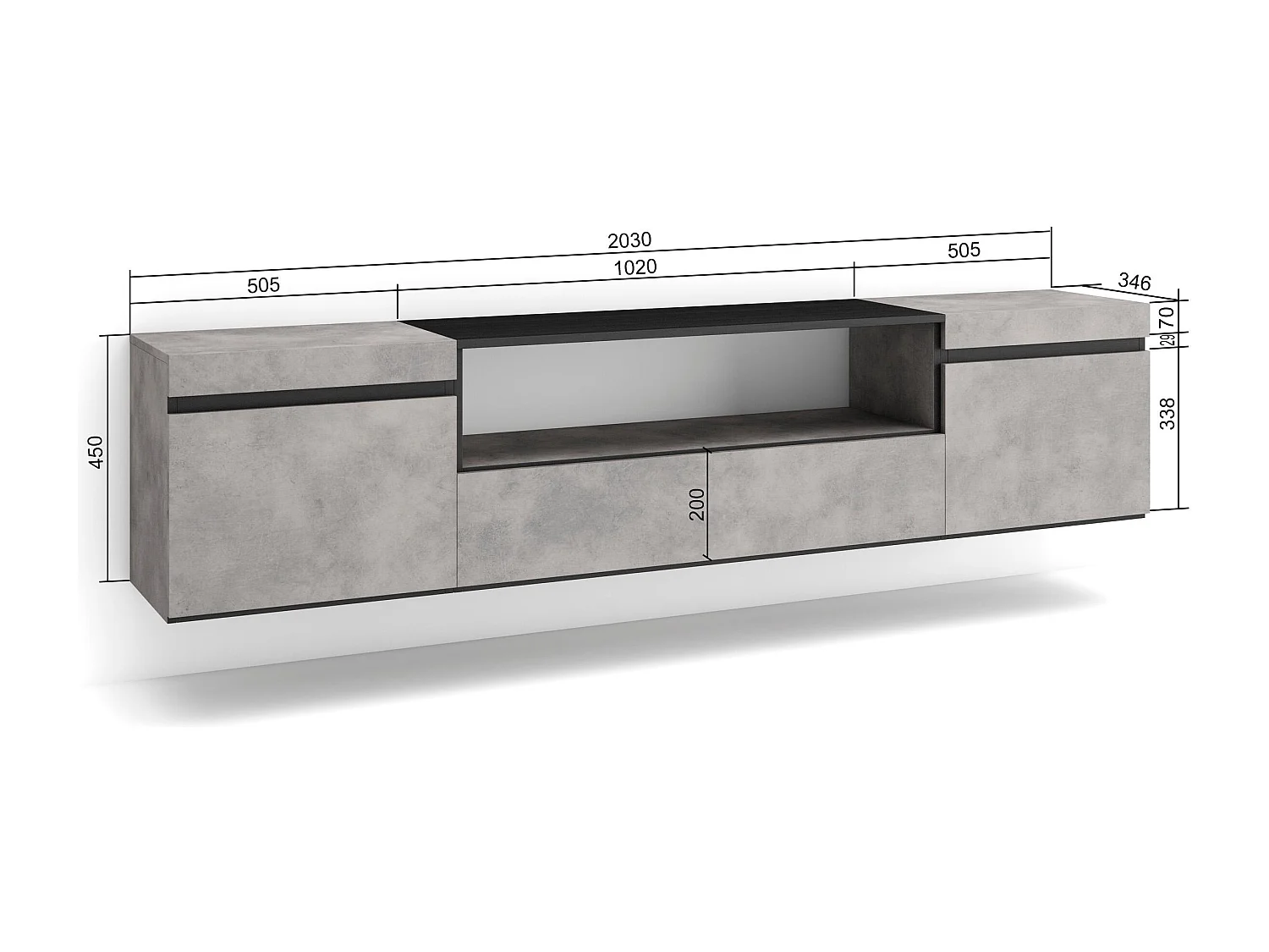 Meuble TV, Banc Télé, 200x35x45cm, Pour les TV jusqu'à 80", Suspendu, Mural, Ciment