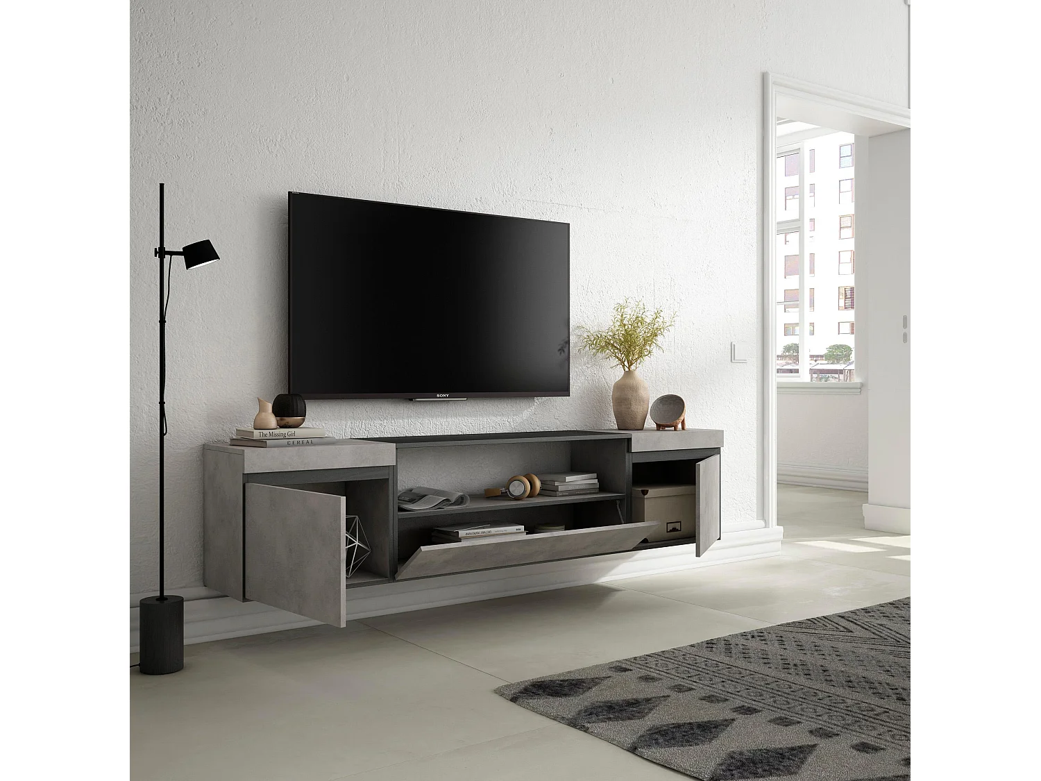 Meuble TV, Banc Télé, 200x35x45cm, Pour les TV jusqu'à 80", Suspendu, Mural, Ciment