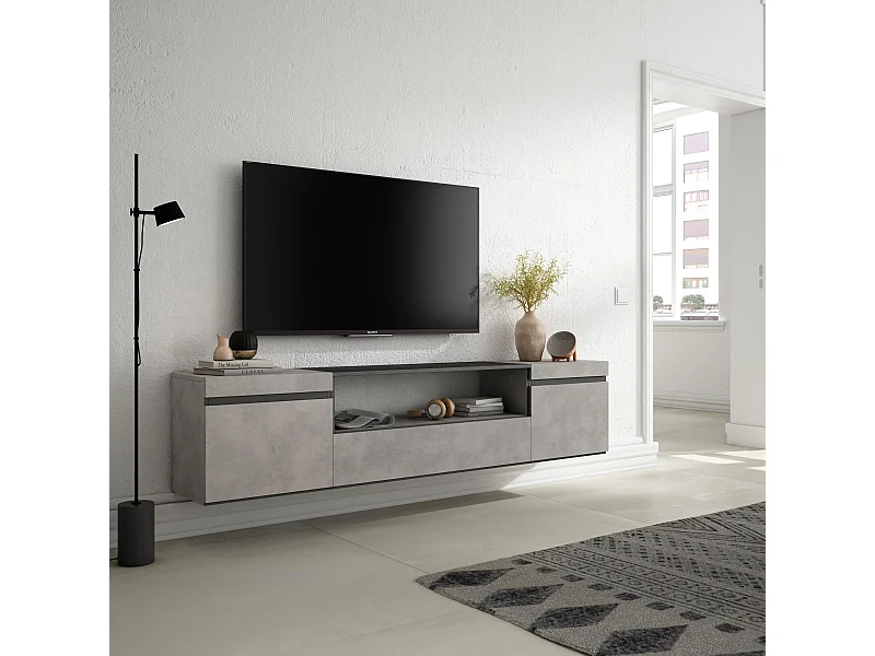 Meuble TV, Banc Télé, 200x35x45cm, Pour les TV jusqu'à 80", Suspendu, Mural, Ciment