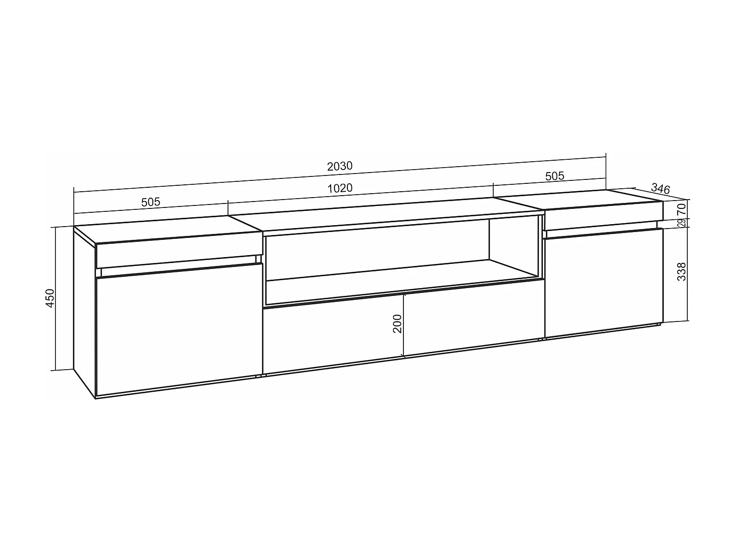 TV-Schrank, Lowboard, 200x35x45cm, Für TV-Geräte bis zu 80", Fernsehtisch, Weiß und Schwarz