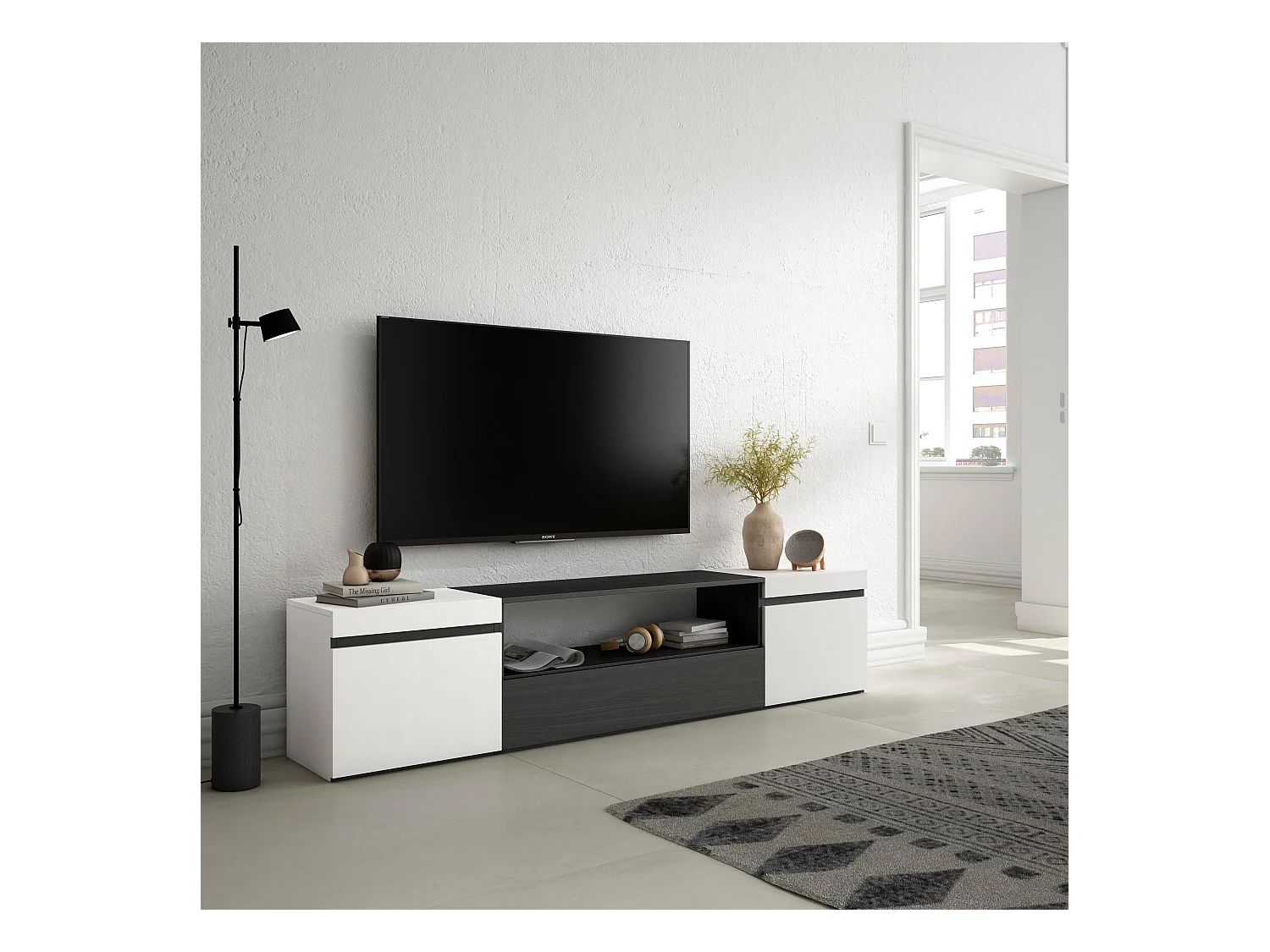 Meuble TV, Banc Télé, 200x35x45cm, Pour les TV jusqu'à 80", Meubles de salon, Blanc et noir
