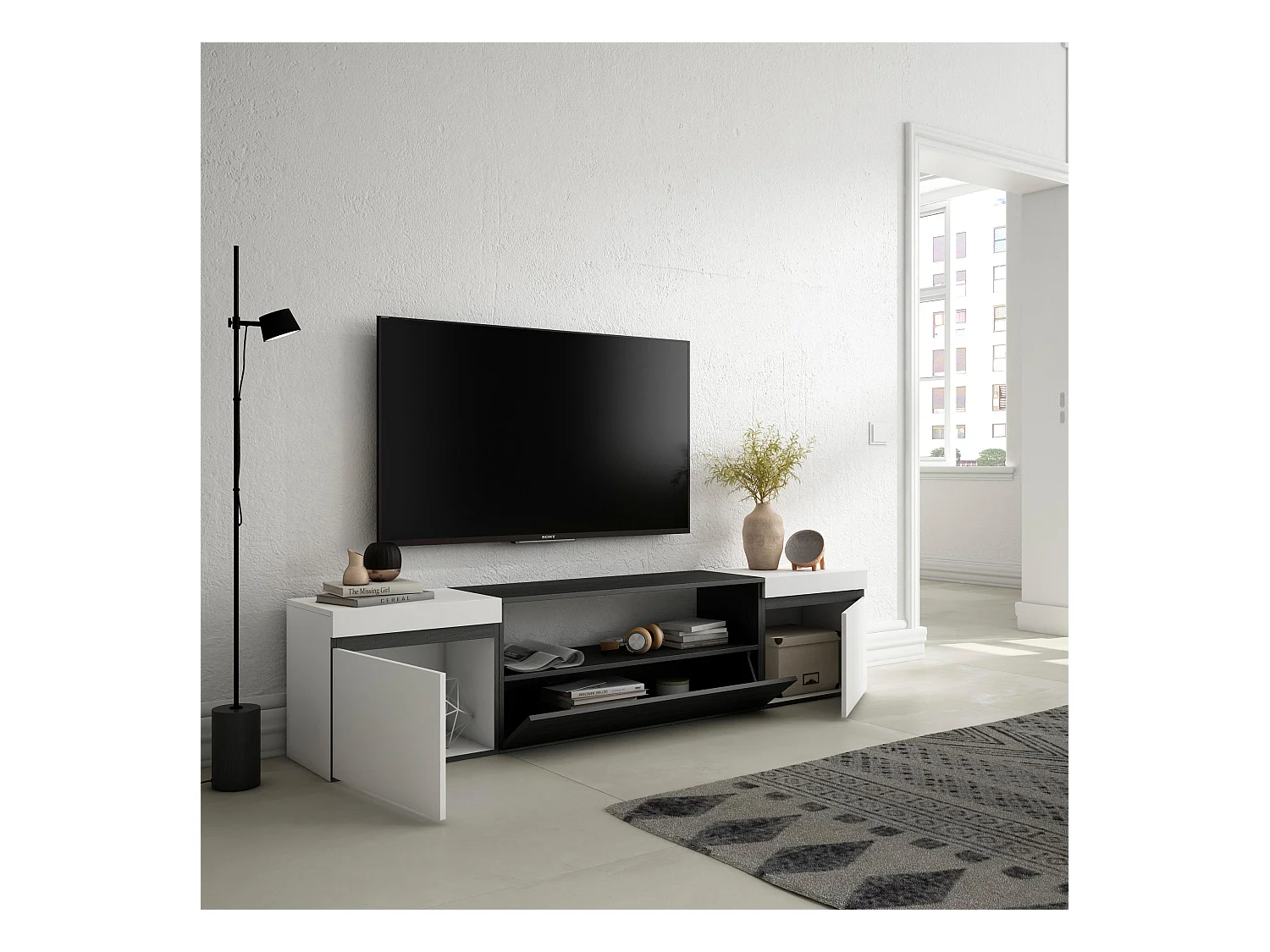 Meuble TV, Banc Télé, 200x35x45cm, Pour les TV jusqu'à 80", Meubles de salon, Blanc et noir
