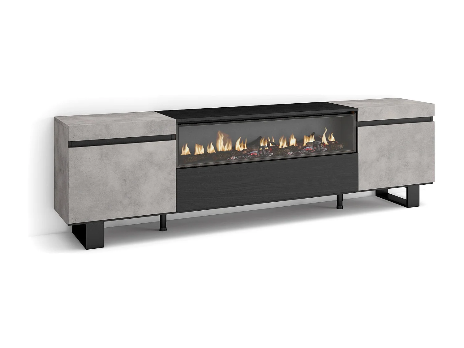 Meuble TV, Banc Télé, 200x35x57cm, Pour les TV jusqu'à 80", Cheminée électrique, Design industriel, Ciment