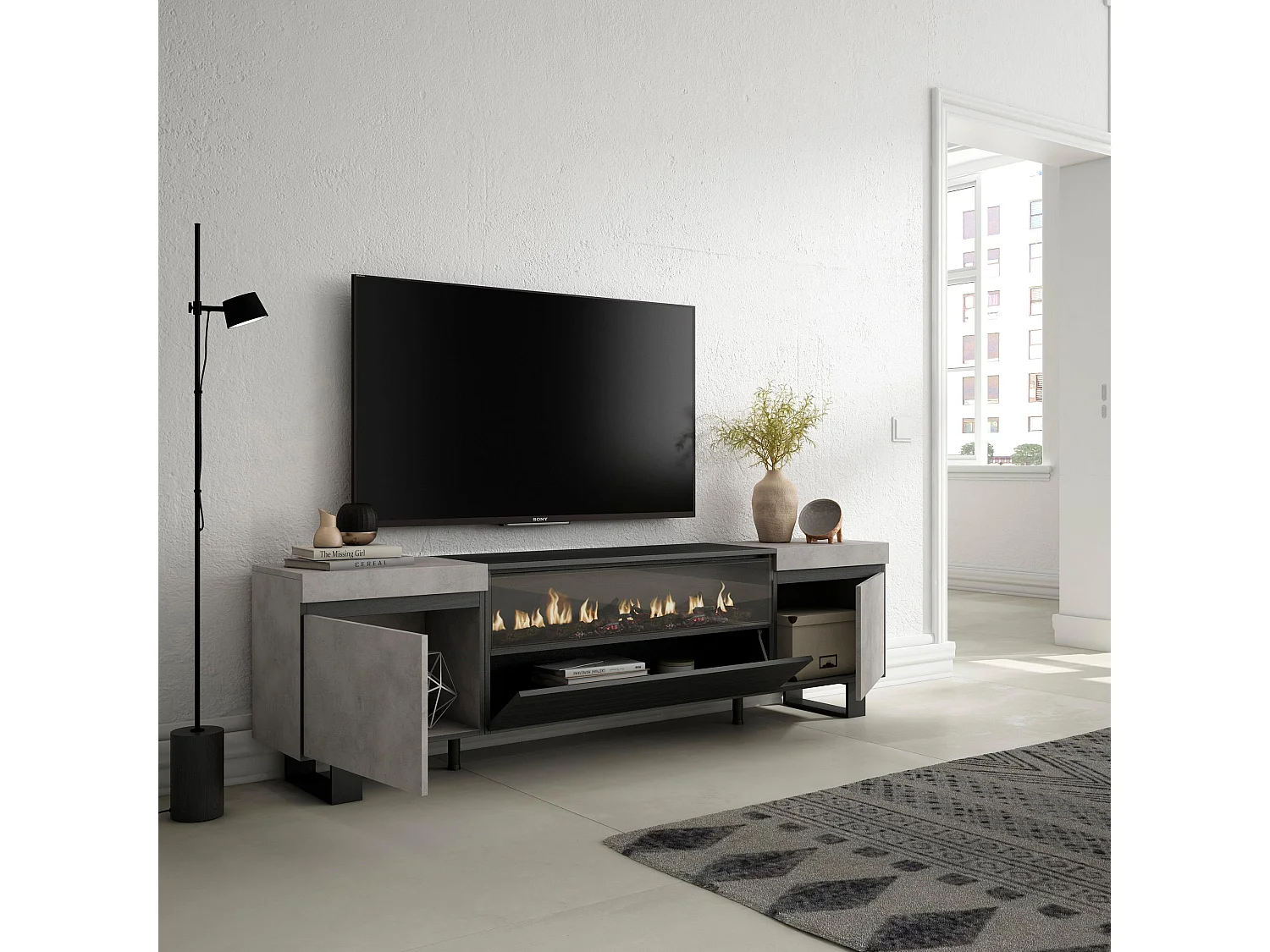 Meuble TV, Banc Télé, 200x35x57cm, Pour les TV jusqu'à 80", Cheminée électrique, Design industriel, Ciment