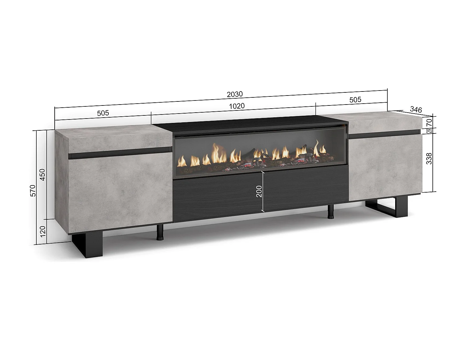 TV-Meubel, Lowboard, 200x35x57cm, Voor tv's tot 80", Elektrische haard, Industrieel design, Cement