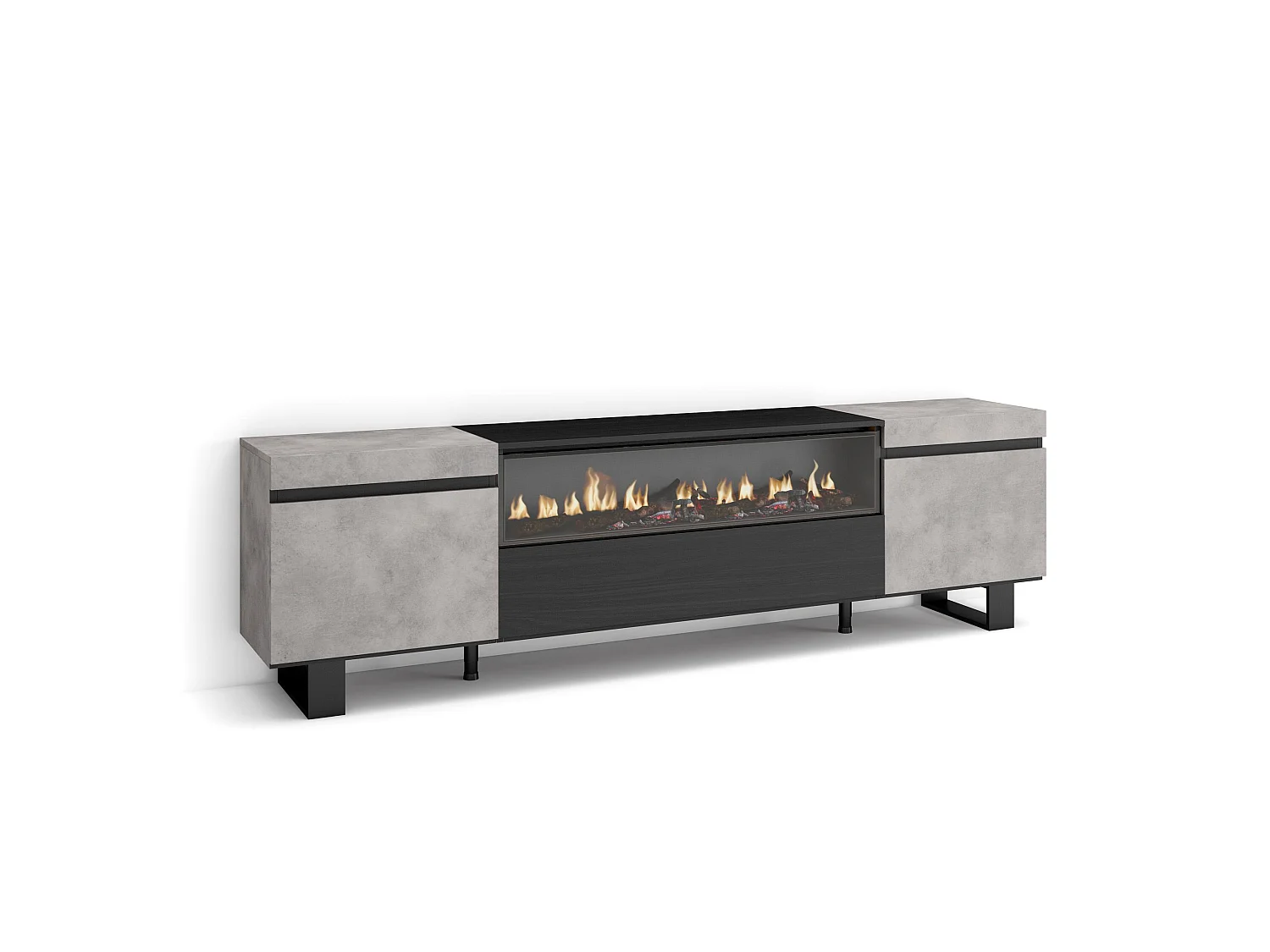 Meuble TV, Banc Télé, 200x35x57cm, Pour les TV jusqu'à 80", Cheminée électrique, Design industriel, Ciment