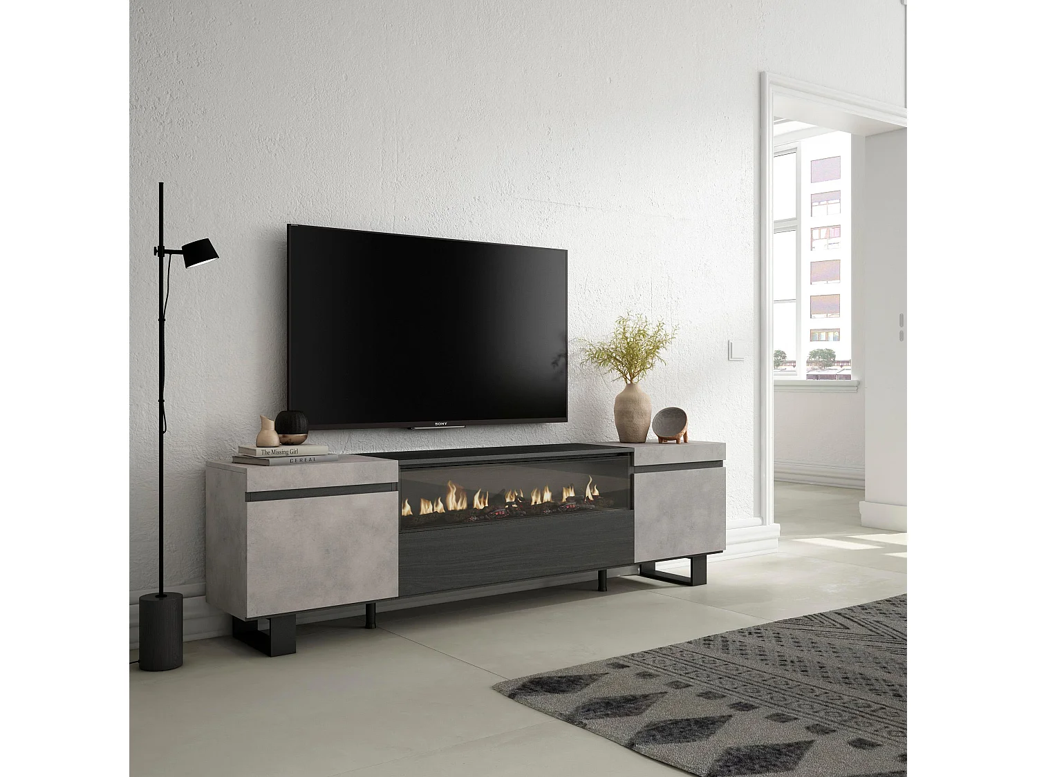 Meuble TV, Banc Télé, 200x35x57cm, Pour les TV jusqu'à 80", Cheminée électrique, Design industriel, Ciment