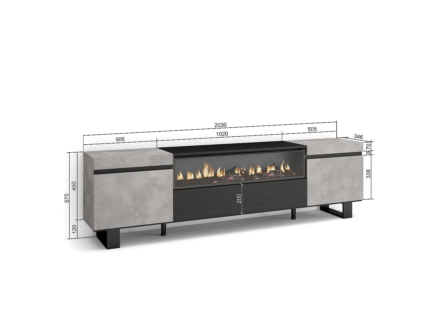 Meuble TV, Banc Télé, 200x35x57cm, Pour les TV jusqu'à 80", Cheminée électrique, Design industriel, Ciment