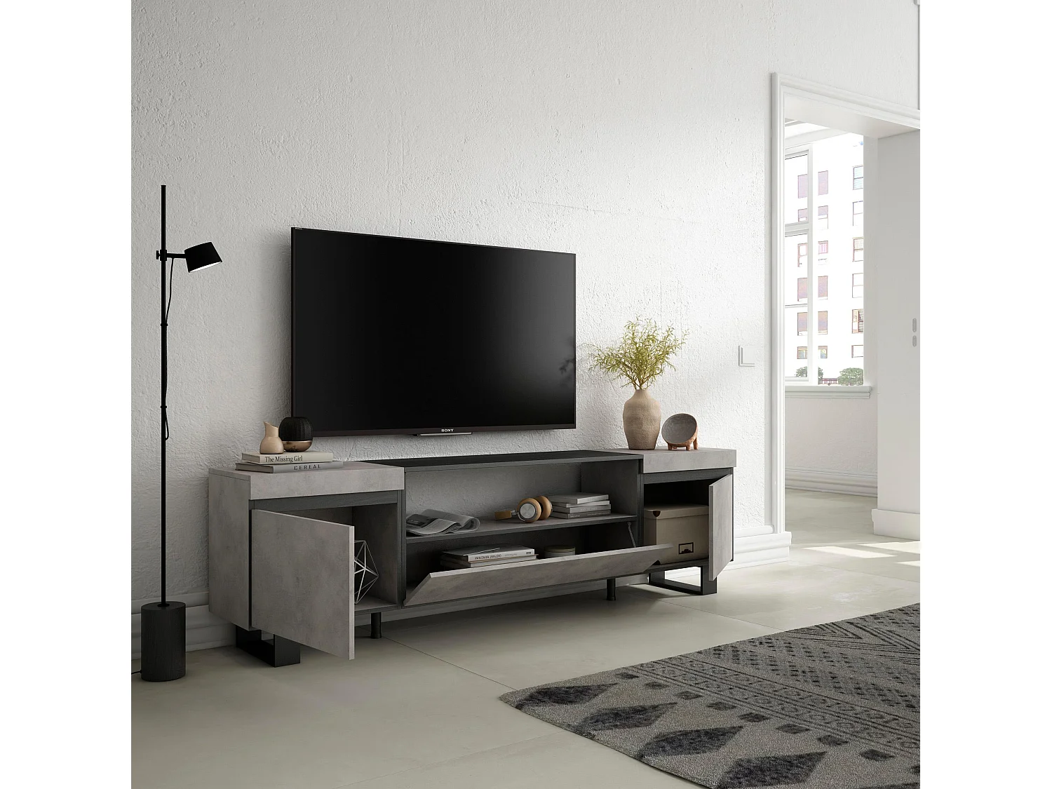 Meuble TV, Banc Télé, 200x35x57cm, Pour les TV jusqu'à 80", Design industriel, Ciment