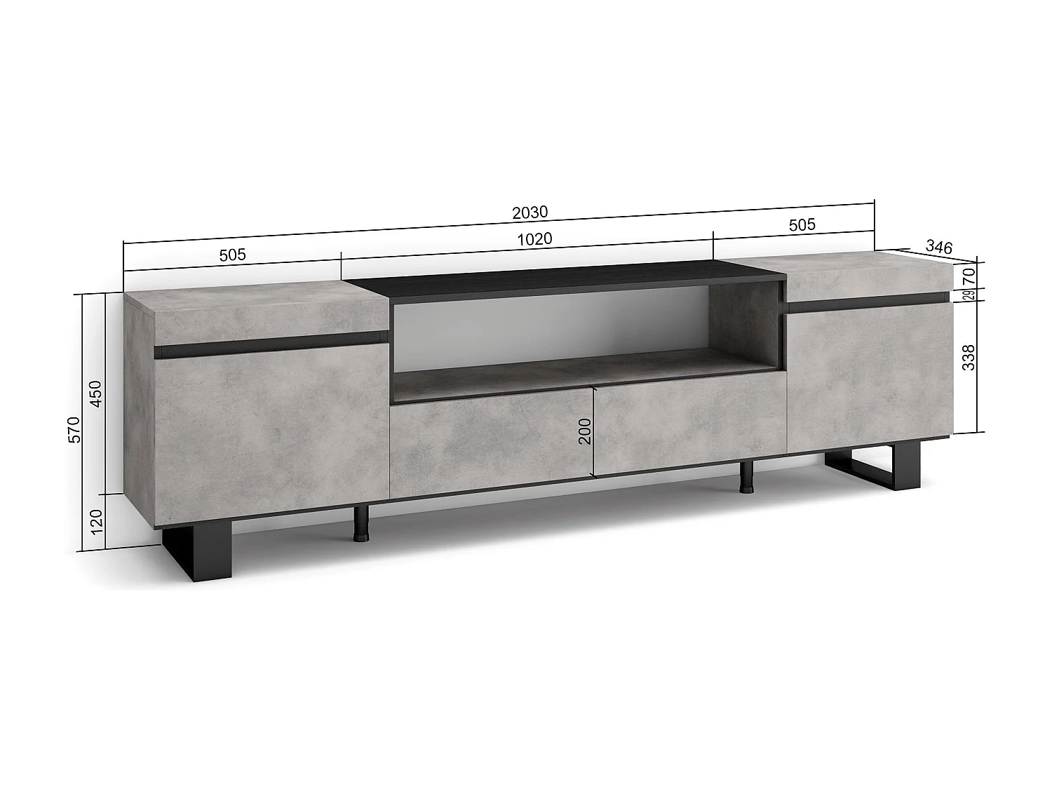 Meuble TV, Banc Télé, 200x35x57cm, Pour les TV jusqu'à 80", Design industriel, Ciment