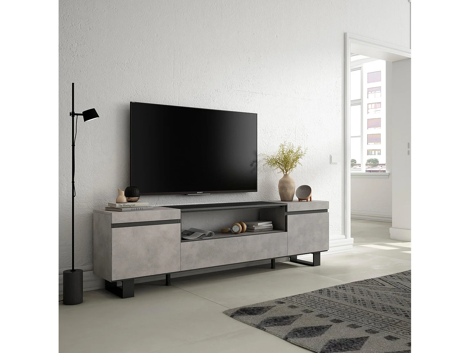 Meuble TV, Banc Télé, 200x35x57cm, Pour les TV jusqu'à 80", Design industriel, Ciment